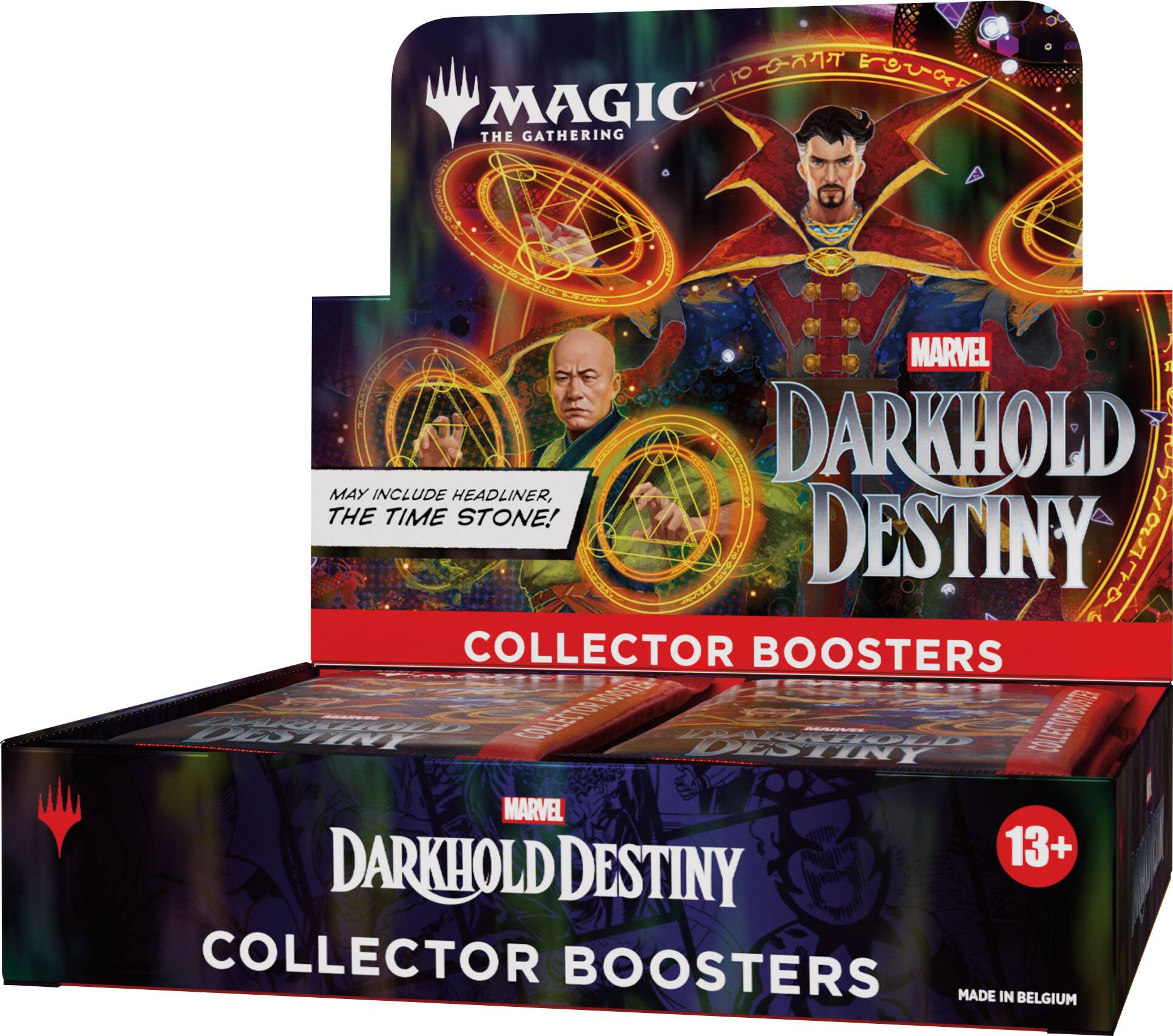 MAGIC THE GATHERING  
MARVEL DARKHOLD DESTINY  
MAY INCLUDE HEADLINER, THE TIME STONE!  
COLLECTOR BOOSTERS  
13+  
MADE IN BELGIUM