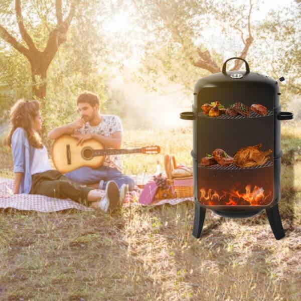 Angle. MOOSOO - Outdoor Double-Layer Grill, Charcoal Wood Fired Braising and Smoking Stove - Black.