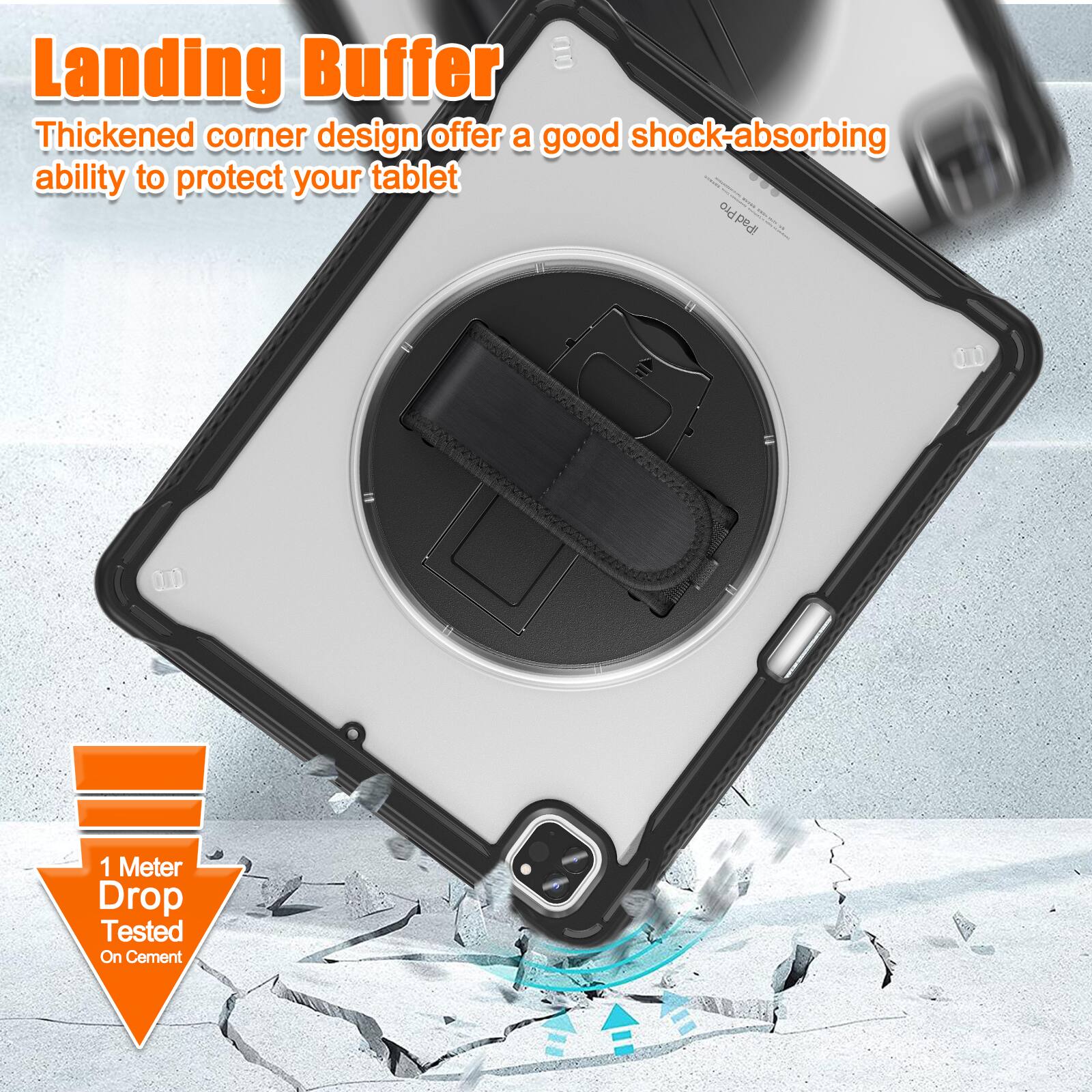 Landing Buffer  
Thickened corner design offers a good shock-absorbing ability to protect your tablet.  
iPad Pro  
1 Meter Drop Tested On Cement