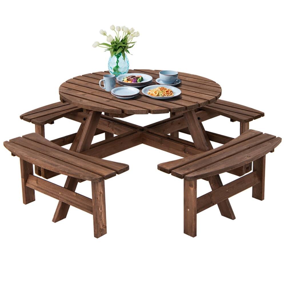 Angle. Kadyn - Patio 8 Seat Wood Picnic Dining Seat Bench Set for Patio Back Deck, Balcany, Poolside - Brown.