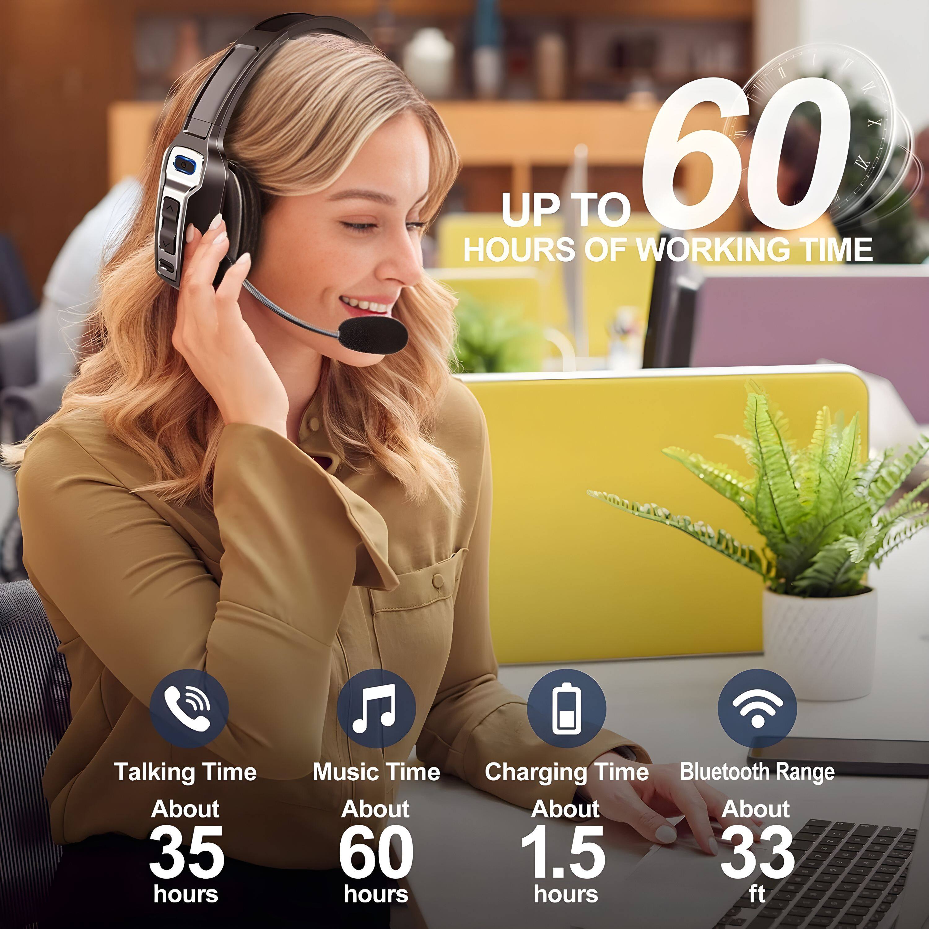 - Up to 60 hours of working time
- Talking Time: About 35 hours
- Music Time: About 60 hours
- Charging Time: About 1.5 hours
- Bluetooth Range: About 33 ft