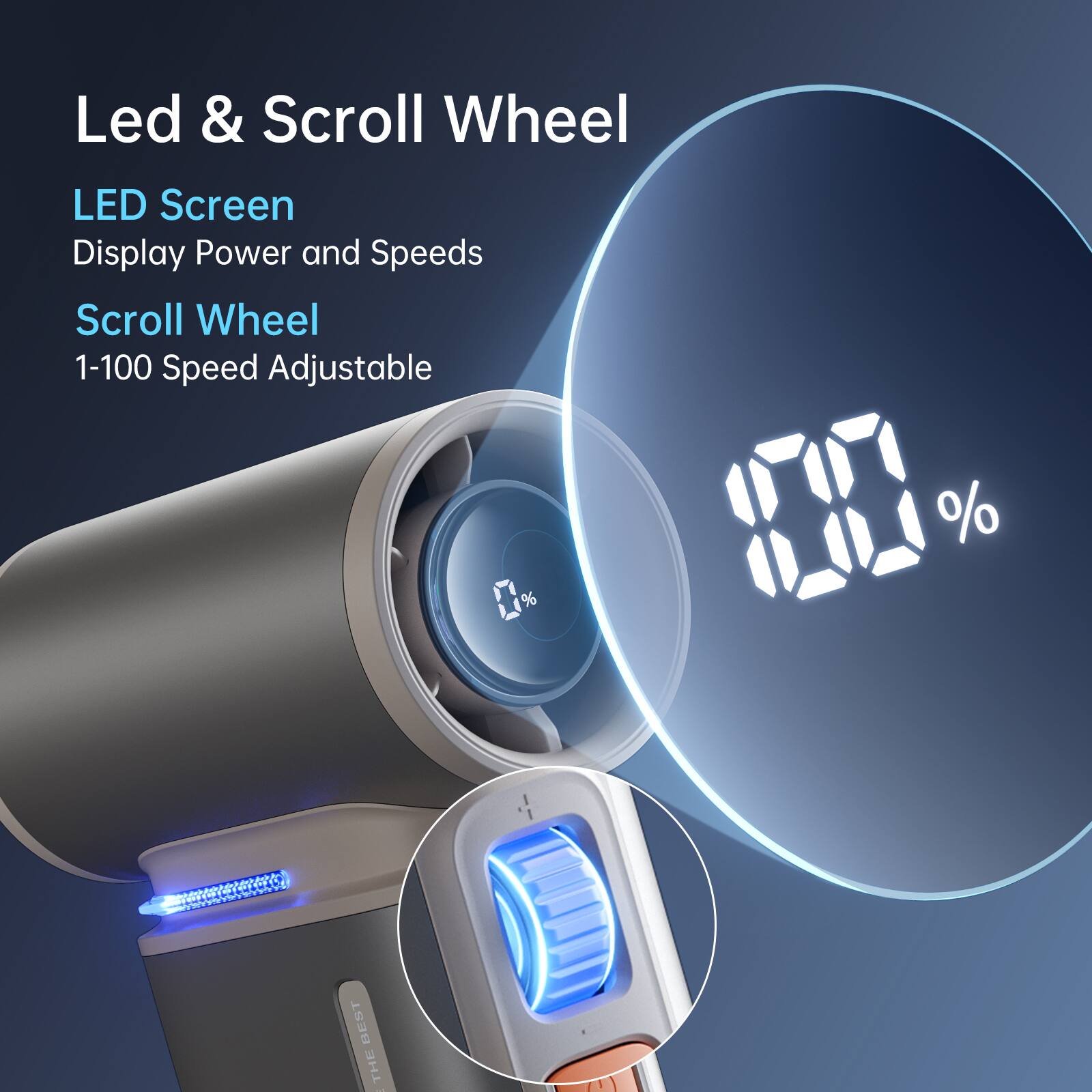 Led & Scroll Wheel

LED Screen
Display Power and Speeds

Scroll Wheel
1-100 Speed Adjustable