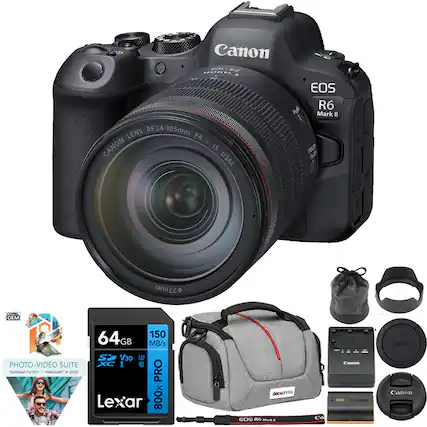 Canon EOS R6 Mark II
Lens: RF24-105mm F4 L IS USM
77mm Cone
64GB Lexar 800x 150 MB/s V30 U3 SD Card
Photo-Video Suite
PaintShop Pro 2021
VideoStudio SE 2020
Decaphoto Bag
Canon OEM Accessories