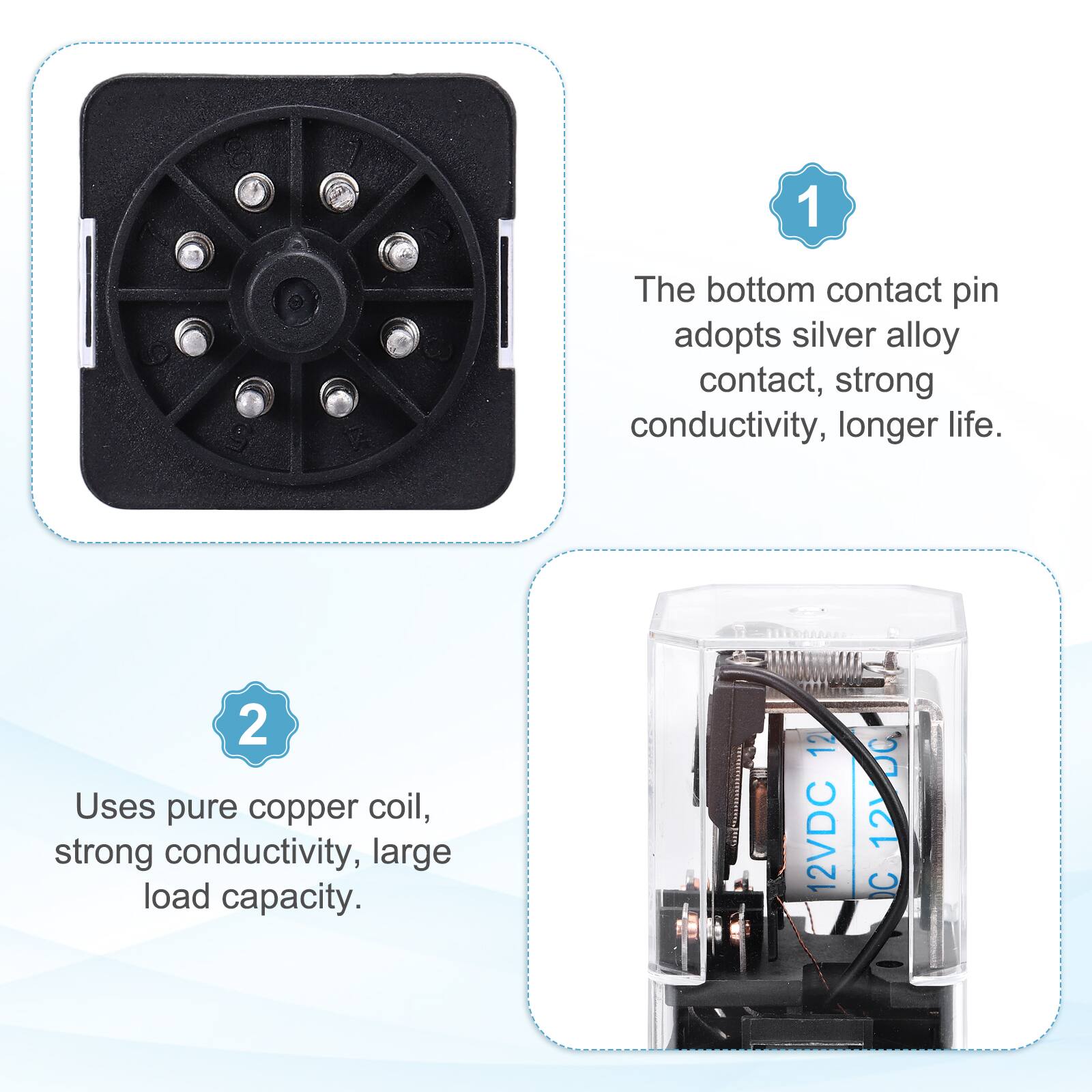 1. The bottom contact pin adopts silver alloy contact, strong conductivity, longer life.
2. Uses pure copper coil, strong conductivity, large load capacity.

12VDC DO 12 C