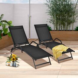Gymax - 2PCS Outdoor Patio Chaise Reclining Lounge Chairs w/ 5-Position Adjust Backrest - Black