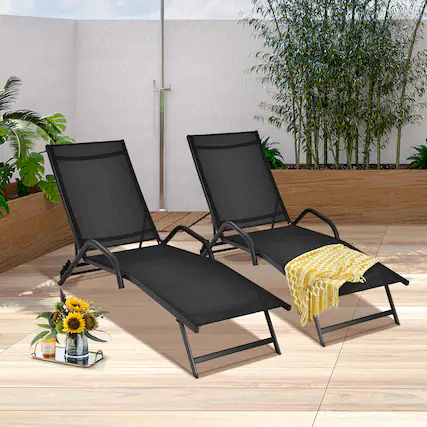 Front. Gymax - Gymax 2PCS Outdoor Patio Chaise Reclining Lounge Chairs w/ 5-Position Adjust Backrest - Black.