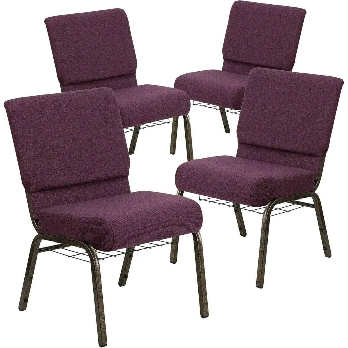Angle. Flash Furniture - HERCULES Series 21" W Church Chair with Cup Book Rack - Plum Fabric/Gold Vein Frame.