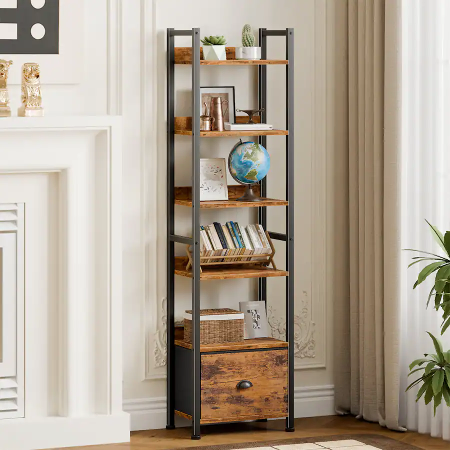 Furnulem 6 Tier Industrial Storage Bookshelf with Fabric Drawer for ...