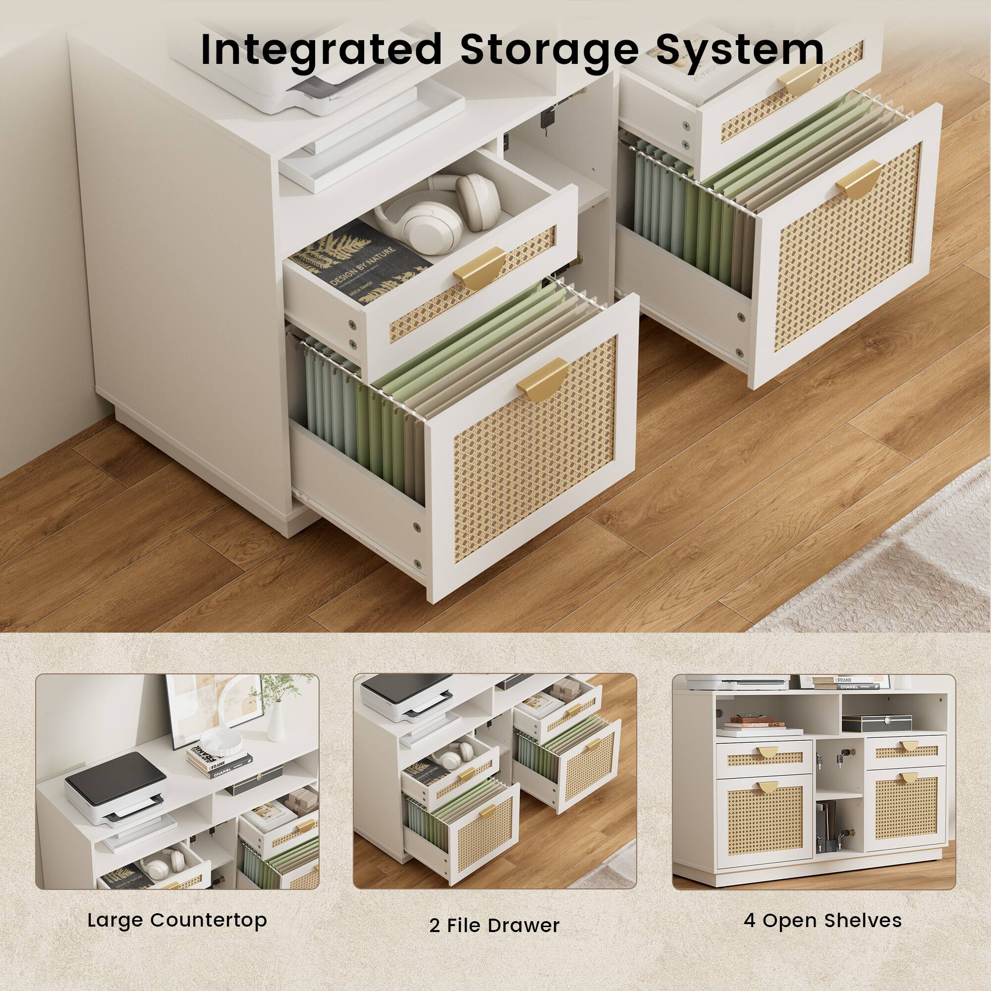 Integrated Storage System

- Large Countertop
- 2 File Drawer
- 4 Open Shelves