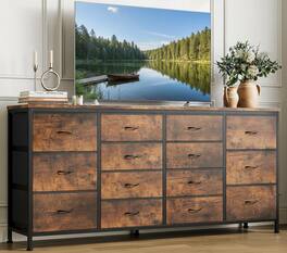 TROPOW - 14 Drawer Dresser & TV Stand, with Power Outlet for 65 70 75 Inch TV, Long Entertainment Center for Home Room Decor - Brown
