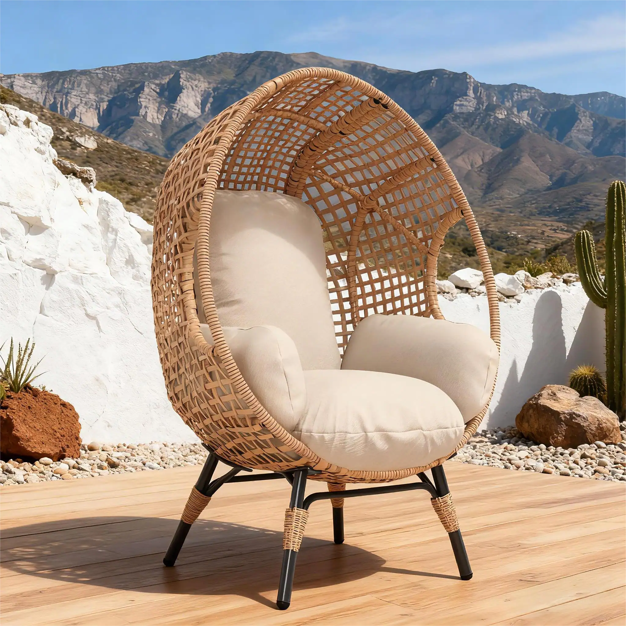 Angle. Mondawe - Patio PE Rattan Arc Back Egg Chair with Cushion - Natural.