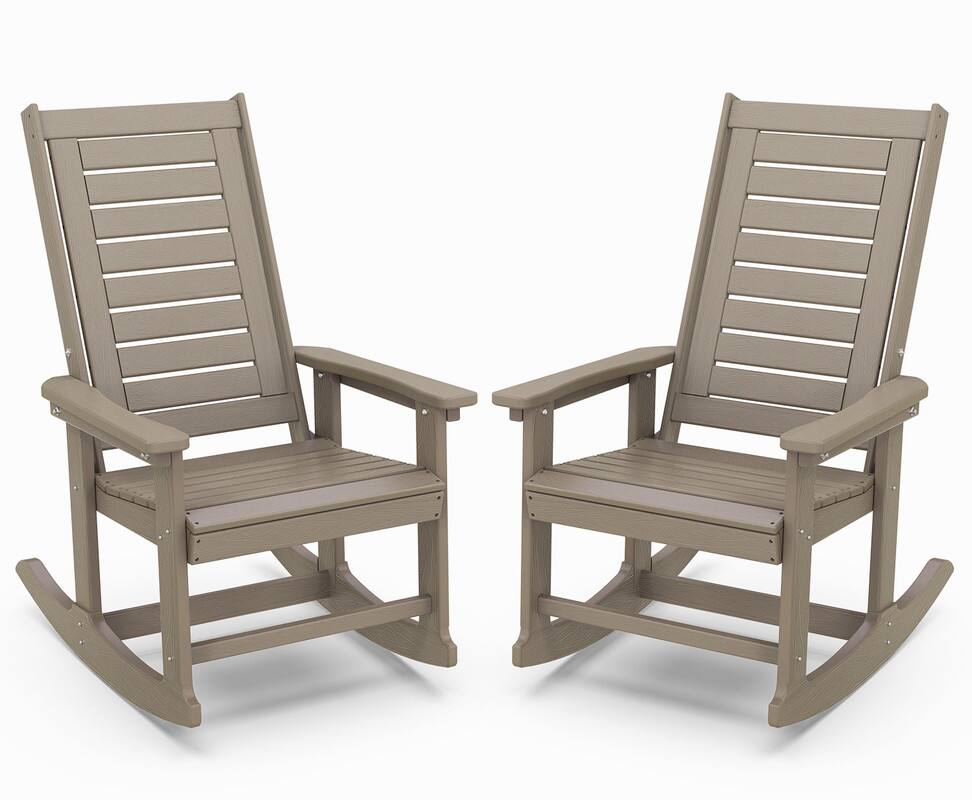 Front. FODINGHILL - Set of 2 Oversized HDPE Rocking Chairs, High Back Porch Rockers for Patio Backyard - Wood.