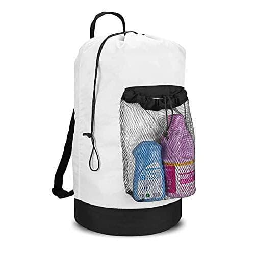 Pacoar Cade - Backpack Laundry Bag With Shoulder Straps And Mesh Pocket Nylon Clothes Hamper Drawstring Closure - White