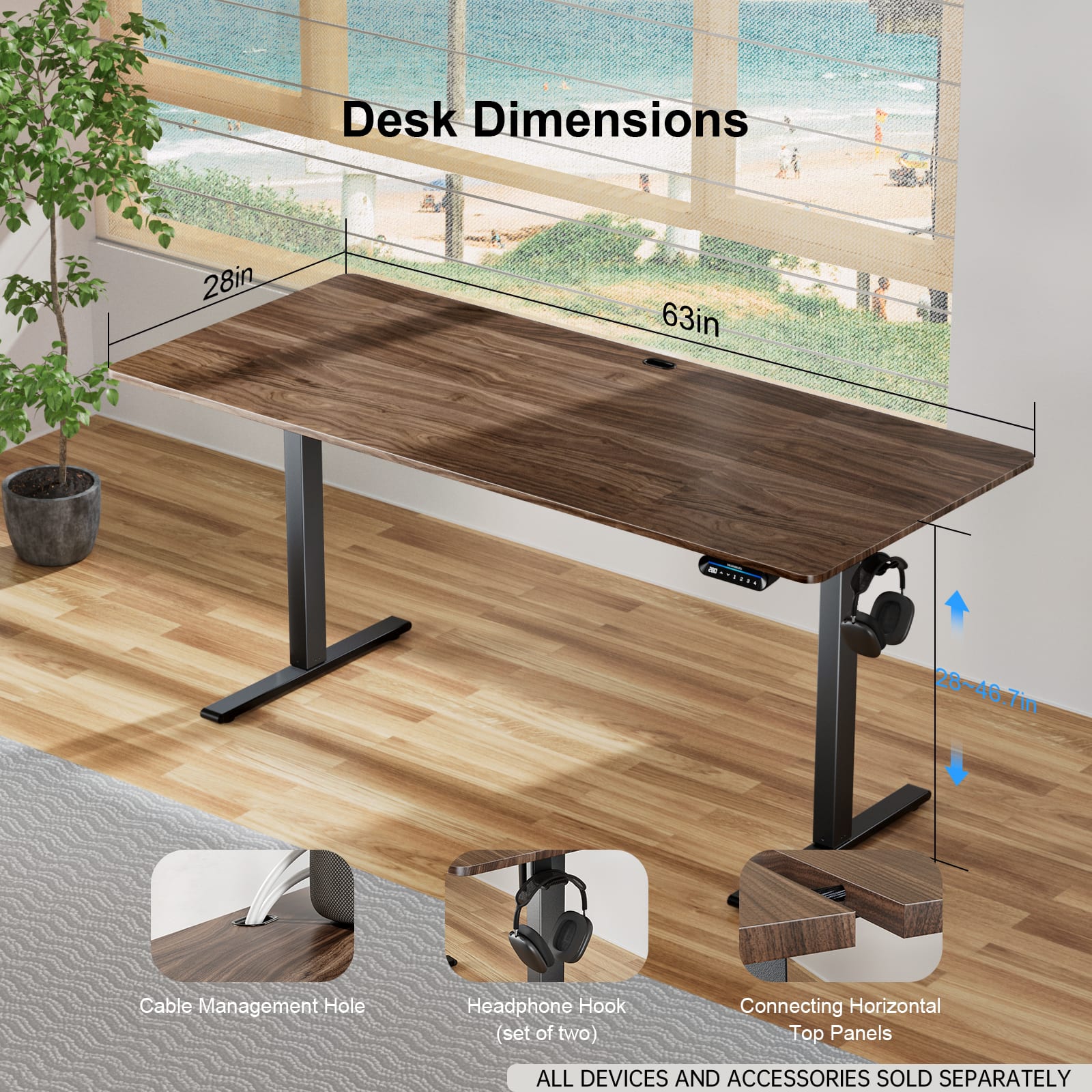 Desk Dimensions: 28in x 63in
Cable Management Hole: Headphone Hook (set of two)
Connecting Horizontal Top Panels
All devices and accessories sold separately