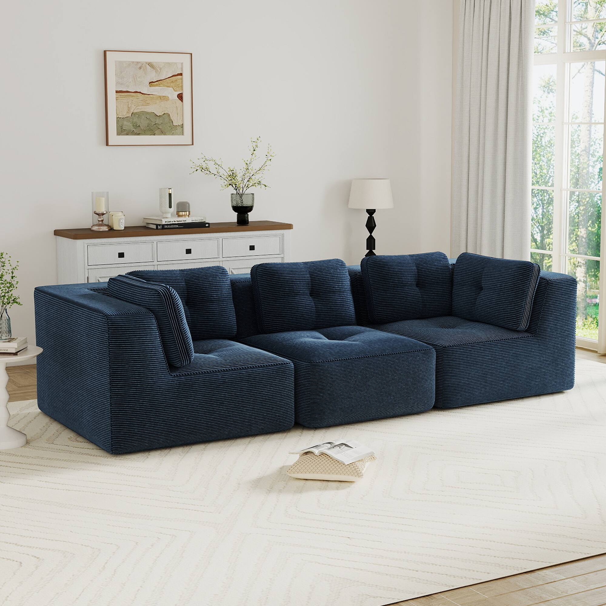 Front. LOVMOR - 3 Seater Modular Deep Seat Corduroy Sectional Couch No Assembly Compressed Pack Anti Slip Tufted For Soft Home - Blue.