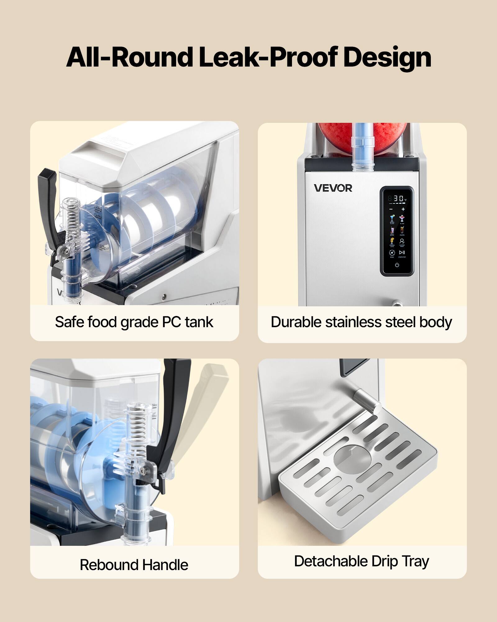 All-Round Leak-Proof Design

- Safe food grade PC tank
- Durable stainless steel body
- Rebound Handle
- Detachable Drip Tray
