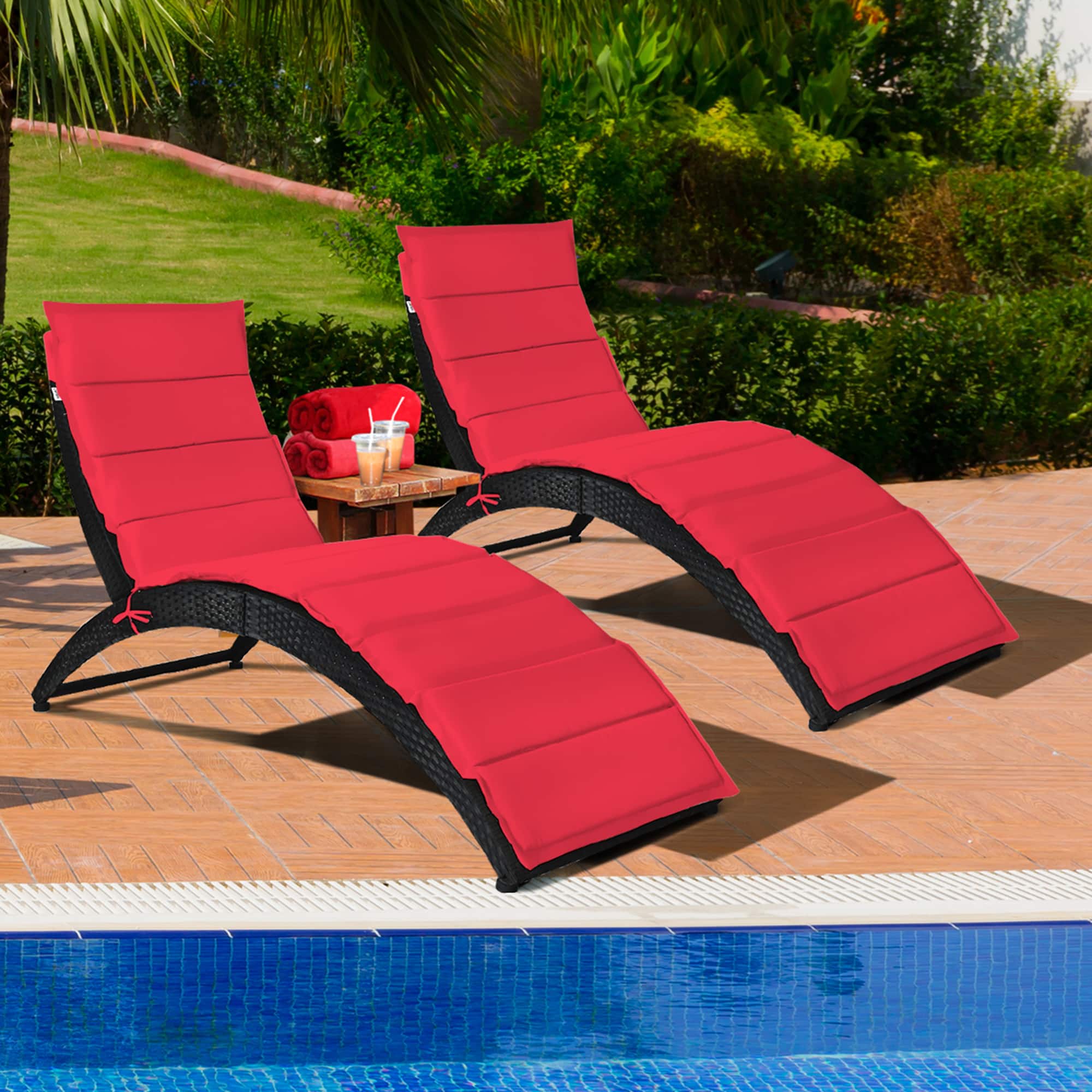 Gymax - 2PCS Foldable Rattan Wicker Chaise Lounge Chair w/ Red Cushion Patio Outdoor - Black