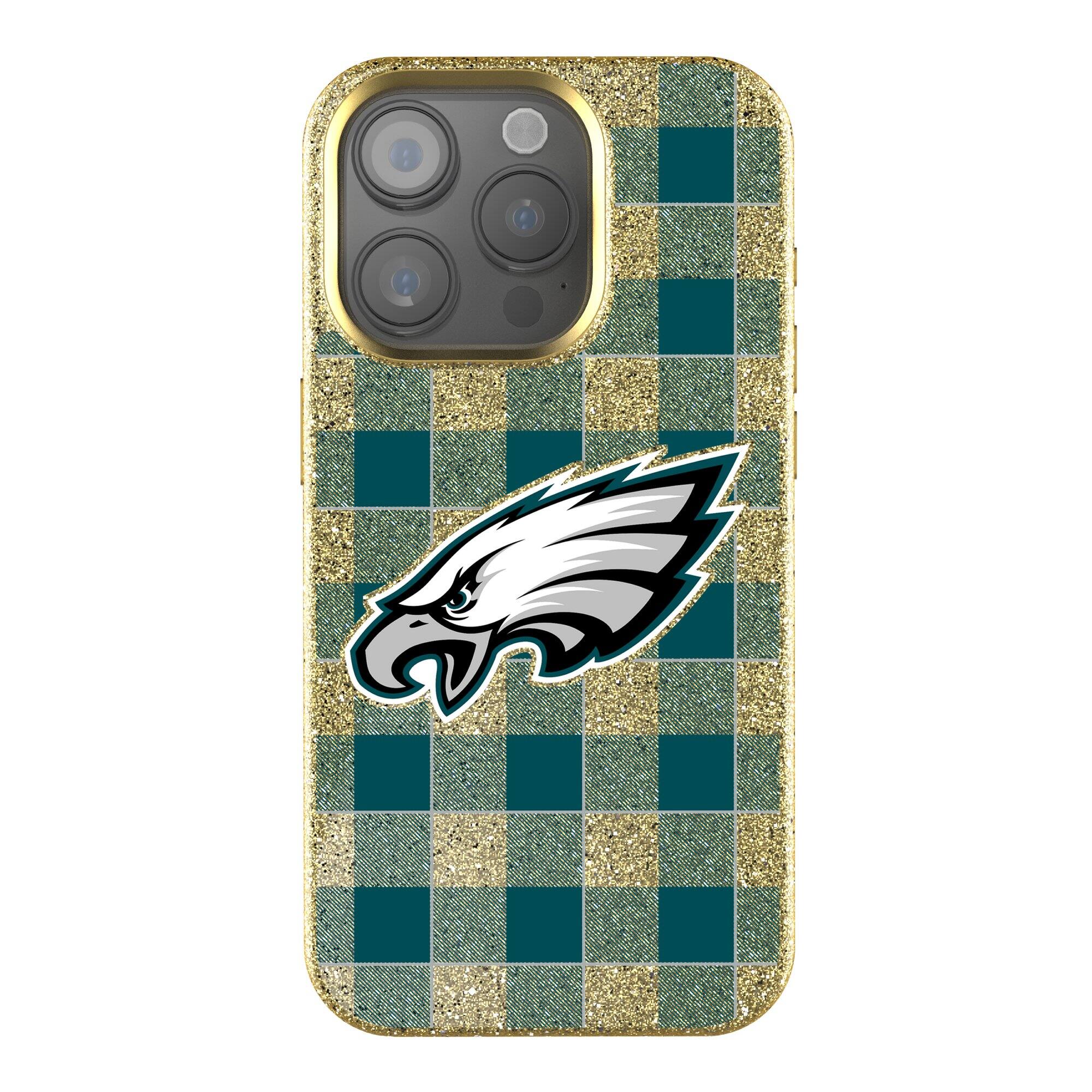 Front. Keyscaper - Philadelphia Eagles Plaid Bling iPhone Case - 14 Pro - Gold.