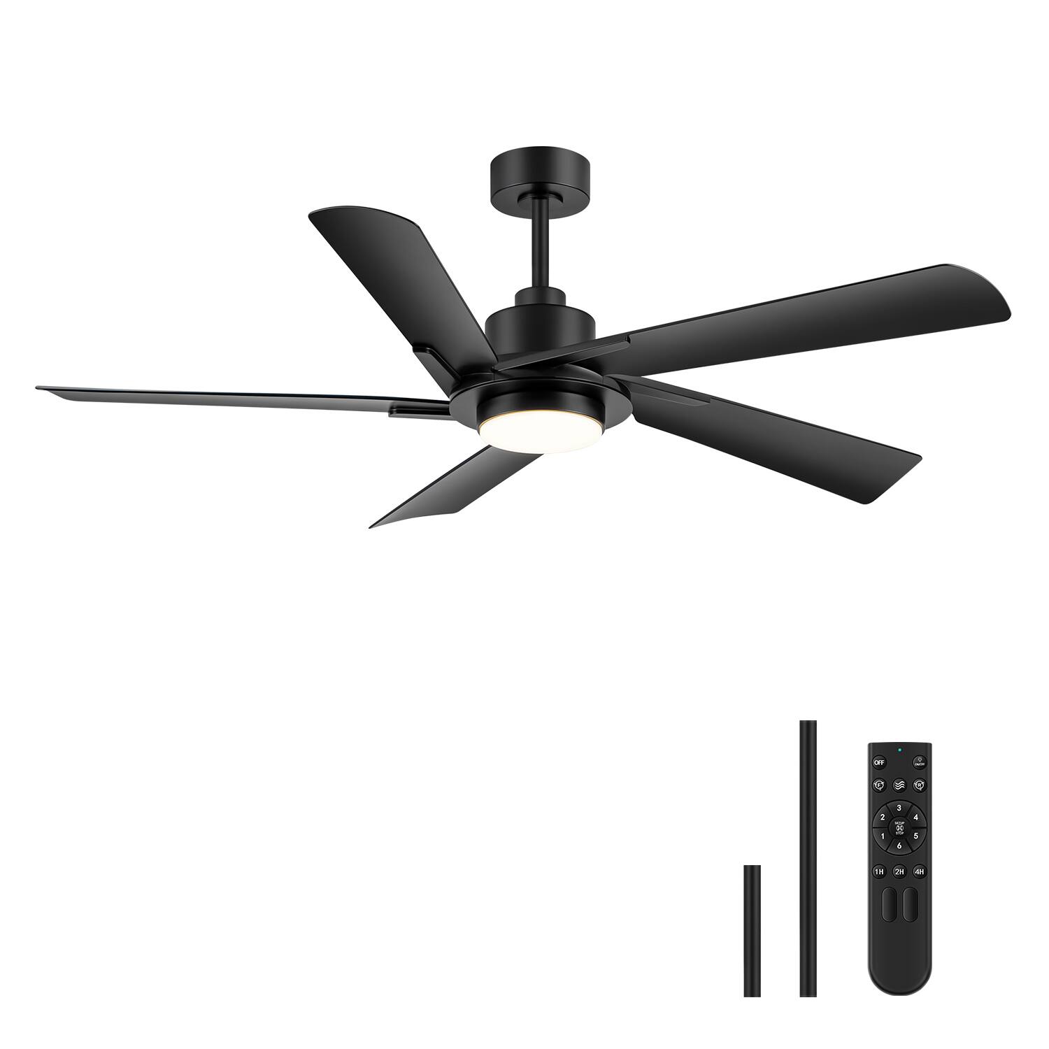 Angle. Breezary - 60-Inch Indoor Ceiling Fan with 5 ABS Blades, 3-Color Light, 6-Speed DC Motor, Remote, Timer & Memory, 6"/12" Downrods - Matte Black.