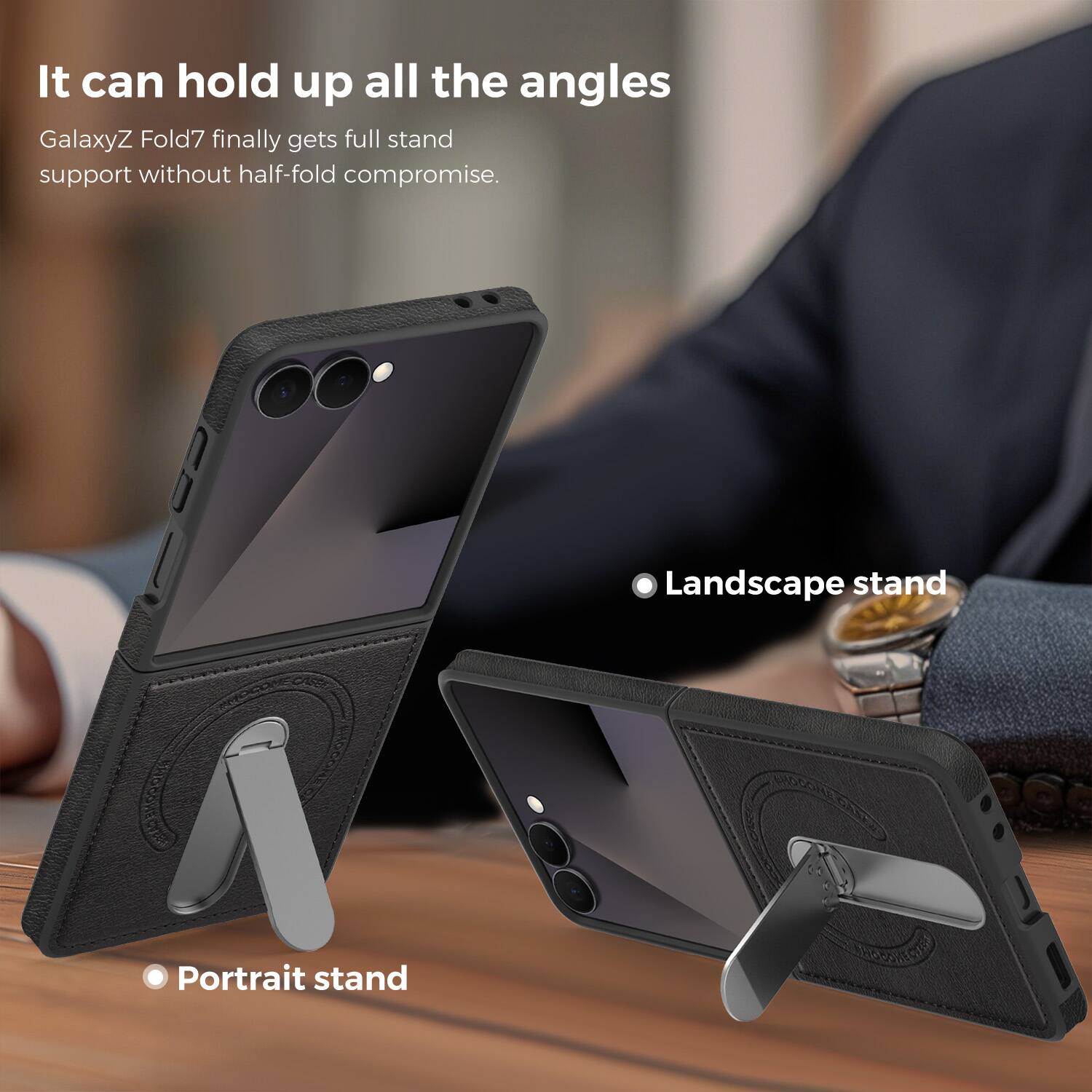 It can hold up all the angles

GalaxyZ Fold7 finally gets full stand support without half-fold compromise.

Landscape stand

Portrait stand