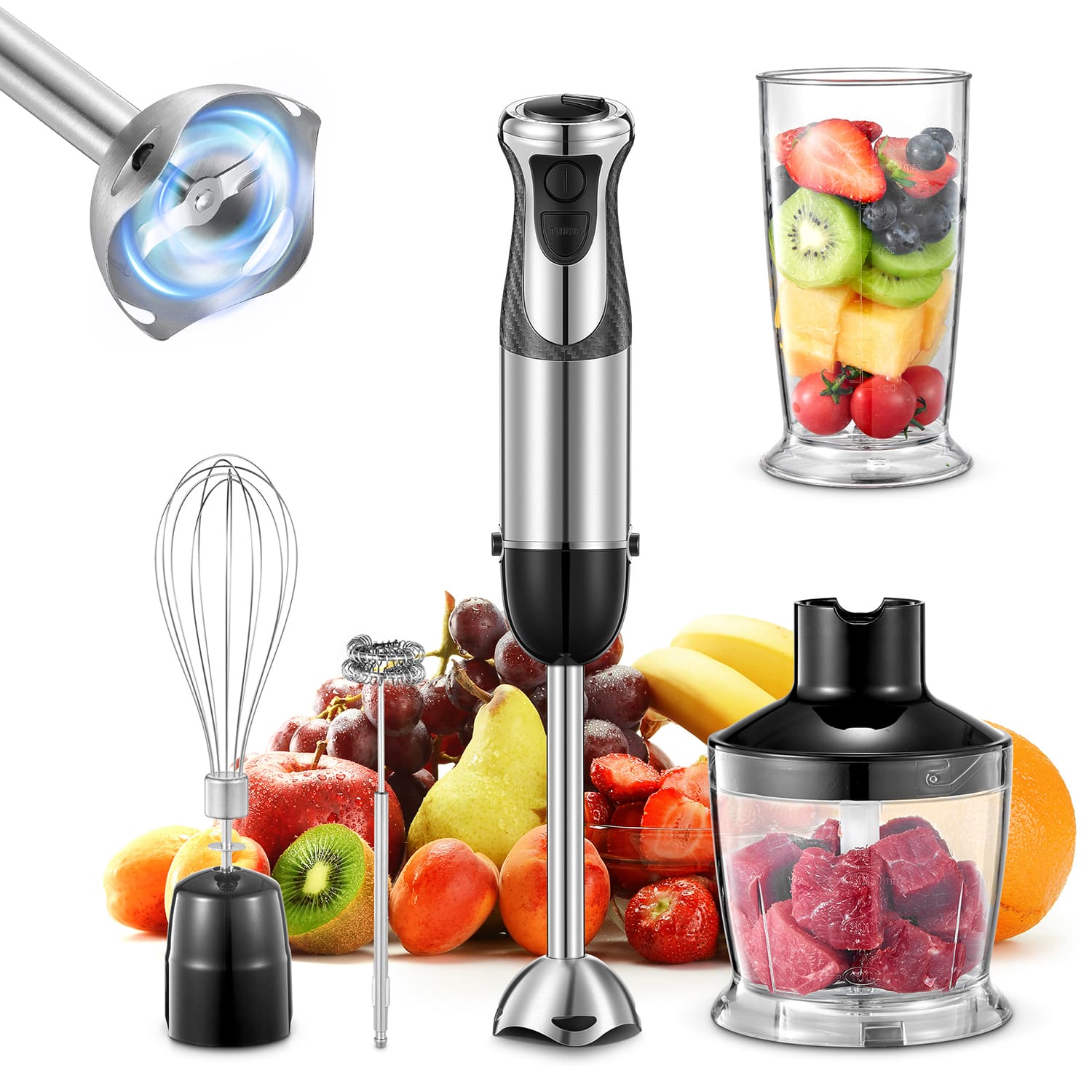 KEINVE - 5-in-1 Hand Immersion Blender, 1000W Handheld, Copper Motor Stainless Steel Blade Stick, Mixing Beaker, Food Processor - Black