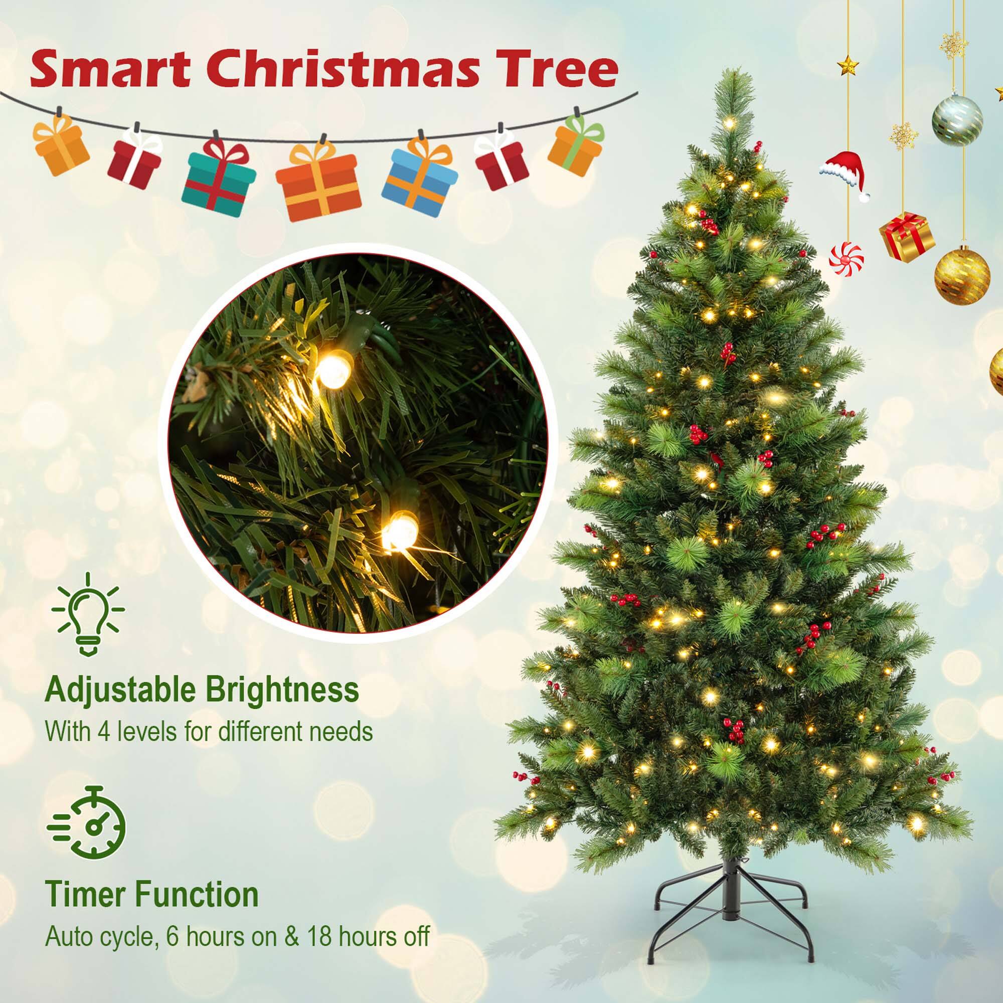 Smart Christmas Tree: Adjustable Brightness with 4 levels for different needs, Timer Function, Auto cycle (6 hours on & 18 hours off).