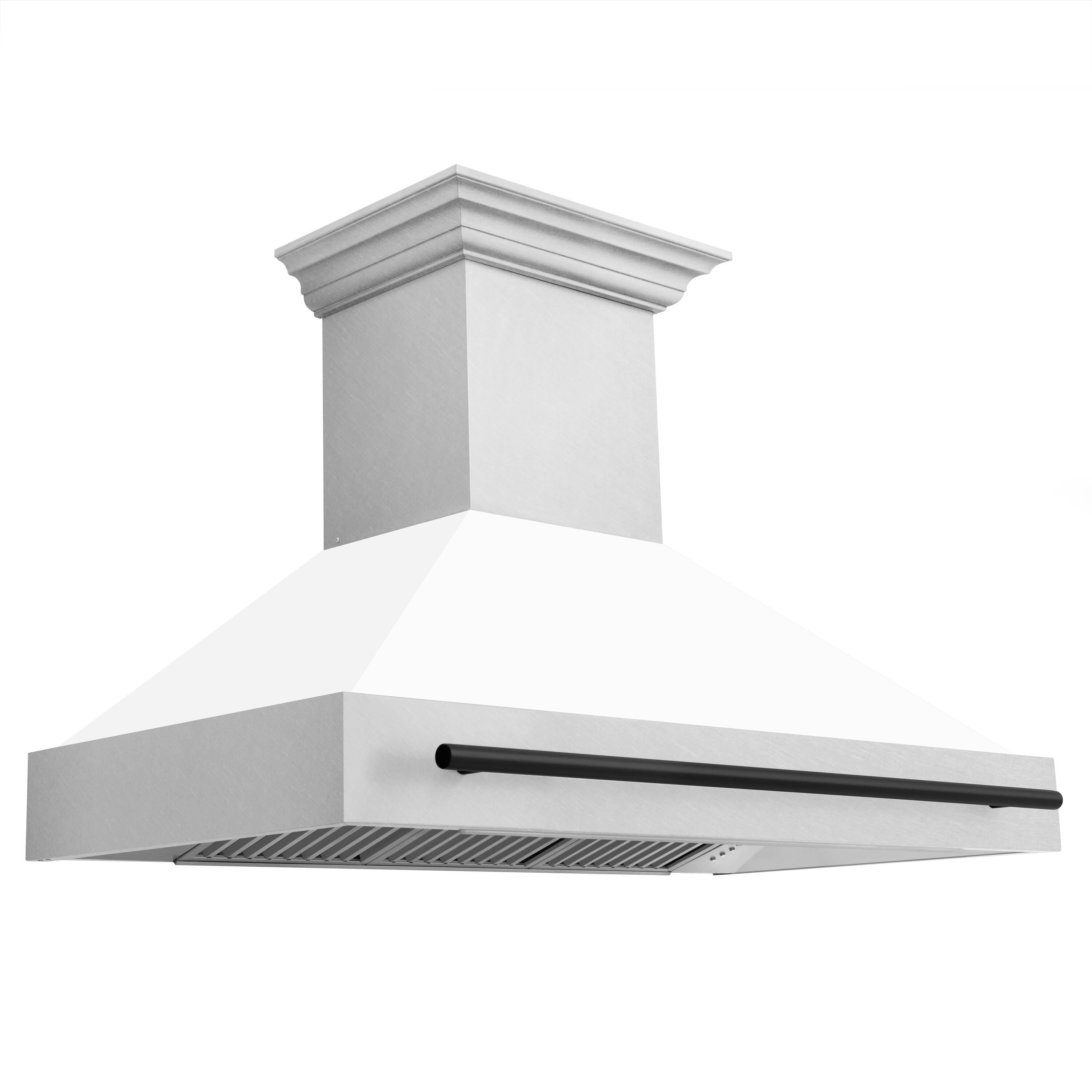 Left. ZLINE - ZLINE Autograph Edition 48 in. Satin Stainless Steel Wall Mount Range Hood with White Matte Shell and Matte Black Handle - Satin Stainless Steel with White Matte Shell.