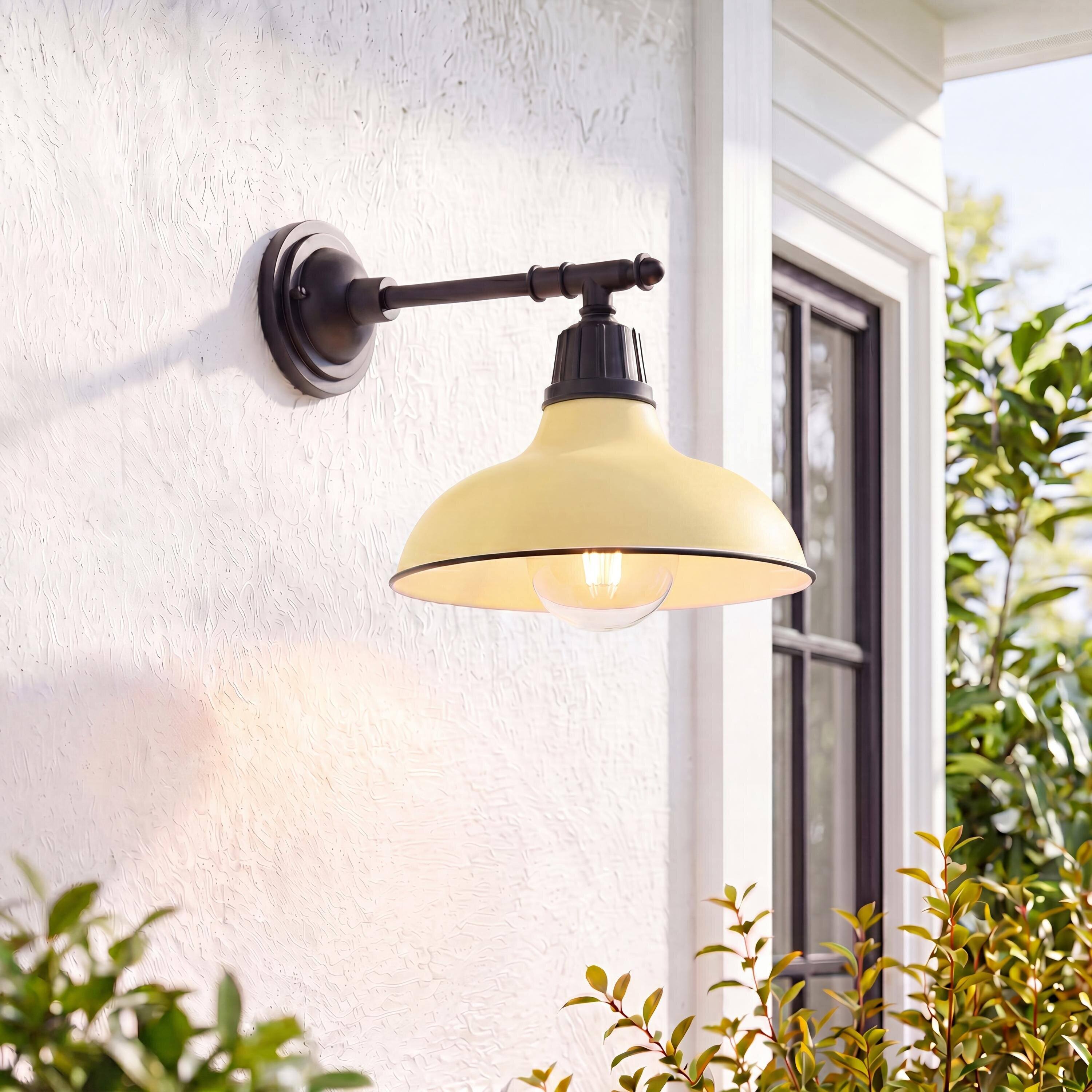 Alt View 1. Jonathan Y - Wallace 12.25" 1-Light Farmhouse Industrial Indoor/Outdoor Iron LED Victorian Arm Outdoor Sconce, Matte Yellow/Black - Matte Yellow/Black.