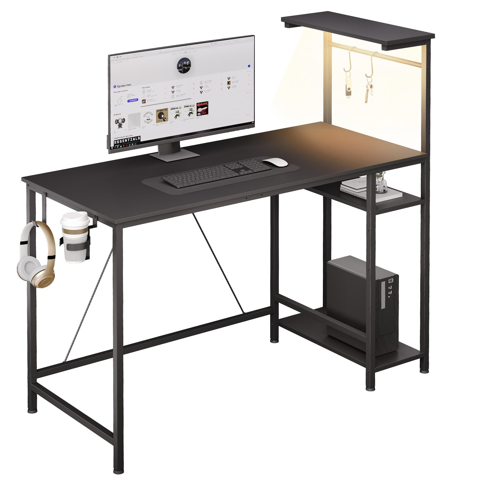 Comhoma - RGB Office Desk Reversible Executive Desk 4-Tier Storage with LED Lighting,Hooks and Cup Holder - Black