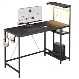 Comhoma - RGB Office Desk Reversible Executive Desk 4-Tier Storage with LED Lighting,Hooks and Cup Holder - Black