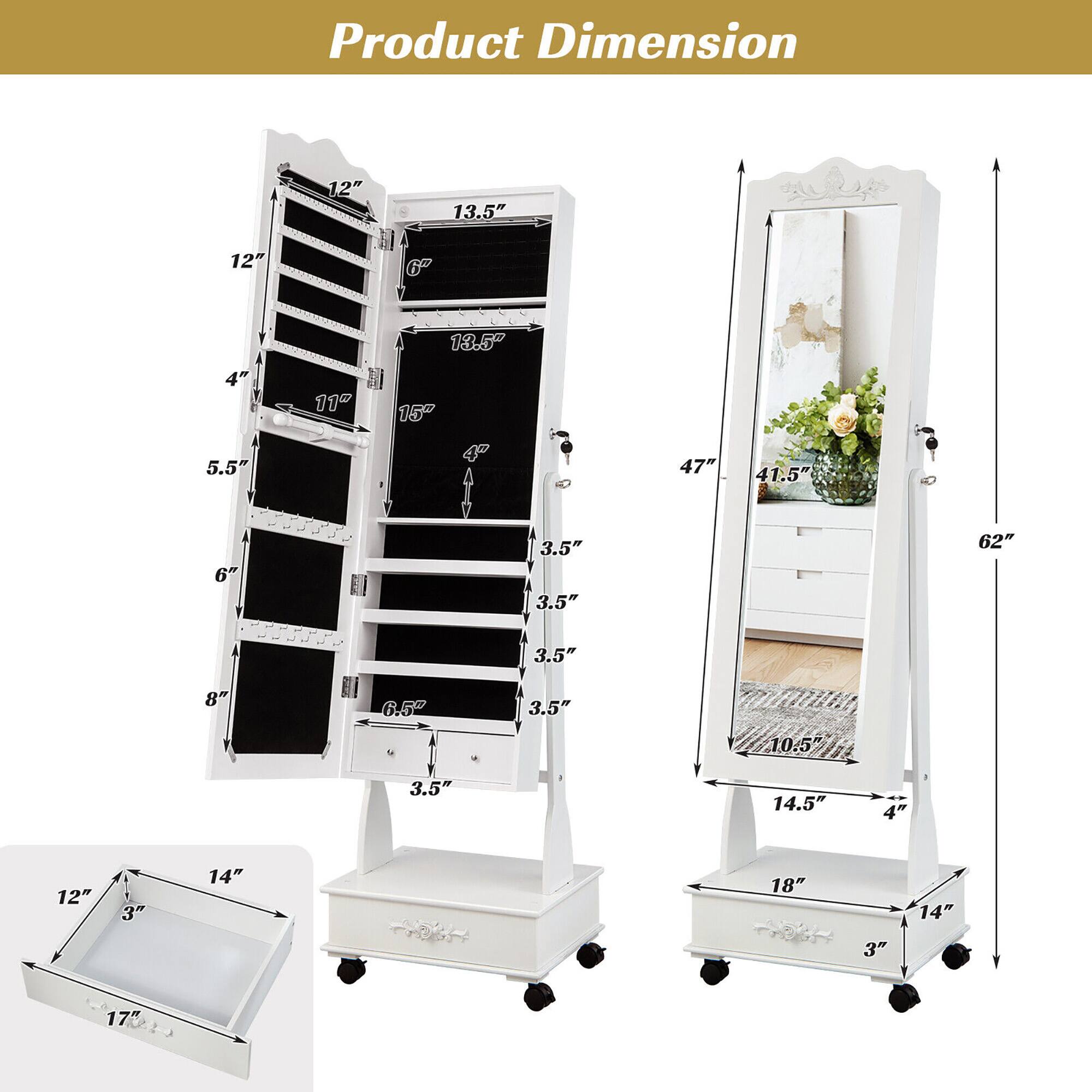Product Dimension

- Main Unit:
  - Height: 47"
  - Width: 41.5"
  - Depth: 62"

- Mirror:
  - Height: 62"
  - Width: 47"
  - Depth: 4"

- Drawer:
  - Height: 14.5"
  - Width: 18"
  - Depth: 3"

- Shelves:
  - Height: 12"
  - Width: 13.5"
  - Depth: 4"

- Bottom Shelf:
  - Height: 6"
  - Width: 13.5"
  - Depth: 4"

- Drawer (Bottom):
  - Height: 3.5"
  - Width: 14"
  - Depth: 17"

- Drawer (Top):
  - Height: 3.5"
  - Width: 14"
  - Depth: 17"