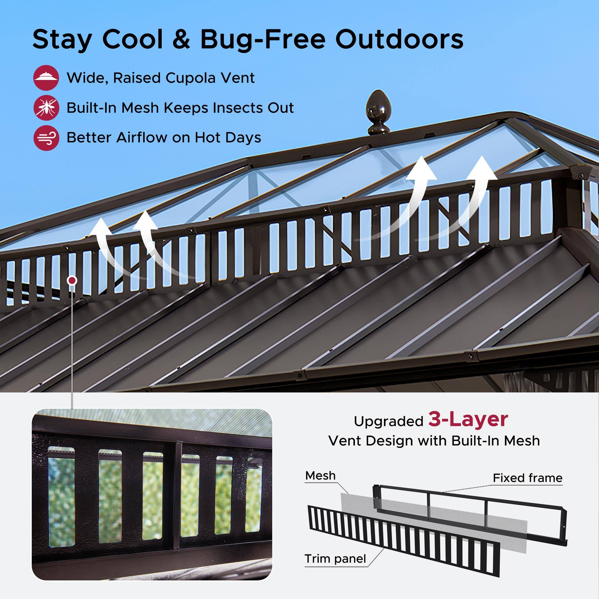 Stay Cool & Bug-Free Outdoors

- Wide, Raised Cupola Vent
- Built-In Mesh Keeps Insects Out
- Better Airflow on Hot Days

Upgraded 3-Layer Vent Design with Built-In Mesh

- Mesh
- Fixed frame
- Trim panel