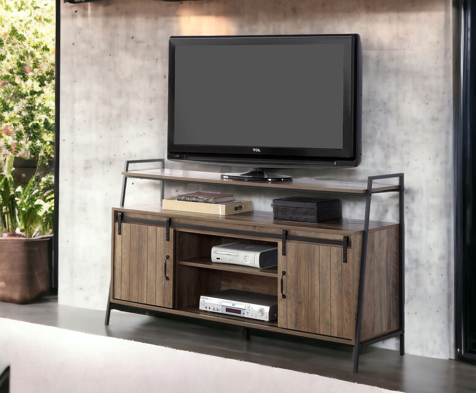 Spaco - TV Stand for TVs Up to 58 Inch, Sliding Barn Door Media Console with 6 Storage Compartments, Metal Frame - Oak