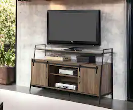 Spaco - TV Stand for TVs Up to 58 Inch, Sliding Barn Door Media Console with 6 Storage Compartments, Metal Frame - Oak
