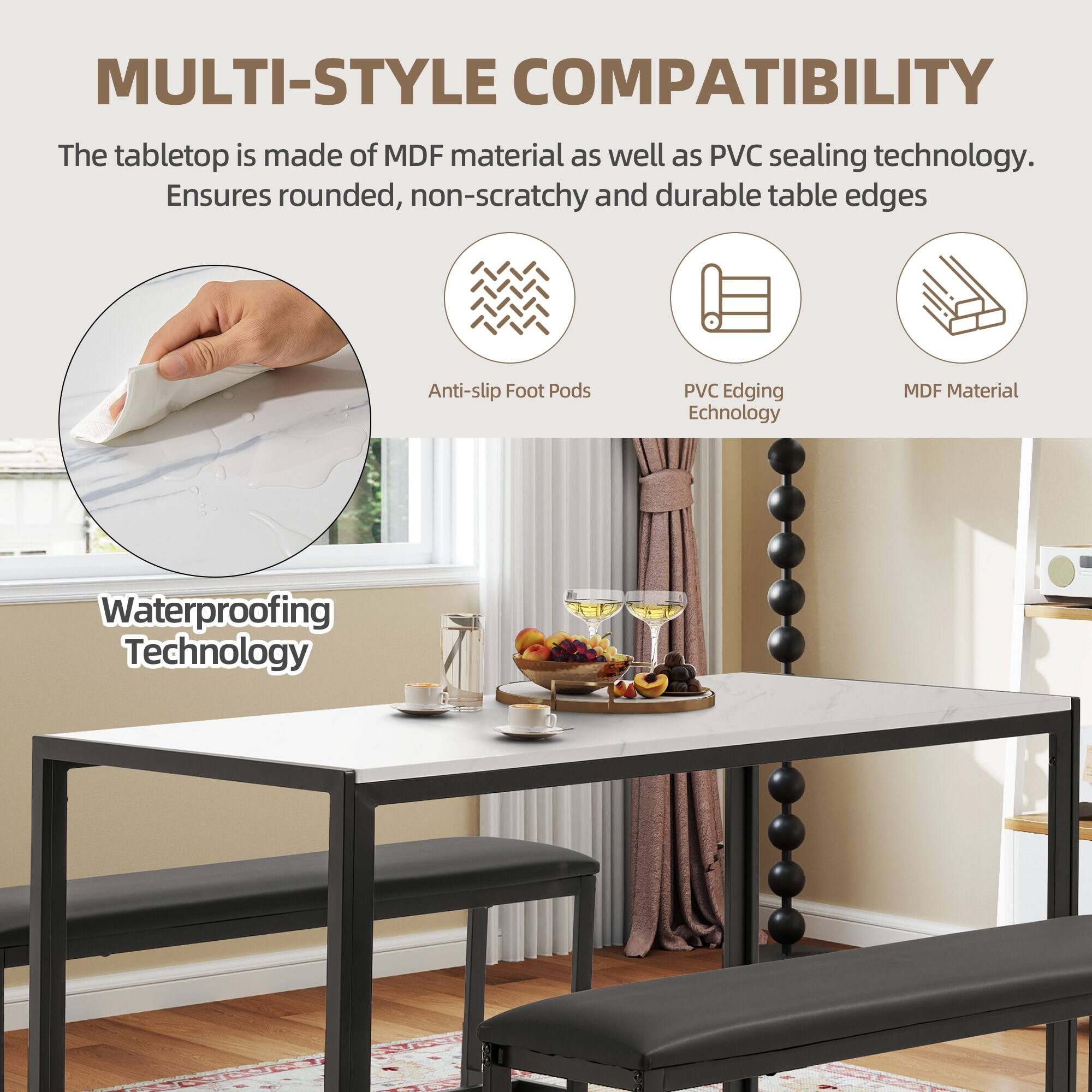 MULTI-STYLE COMPATIBILITY

The tabletop is made of MDF material as well as PVC sealing technology. Ensures rounded, non-scratchy and durable table edges

- Anti-slip Foot Pods
- PVC Edging Technology
- MDF Material
- Waterproofing Technology