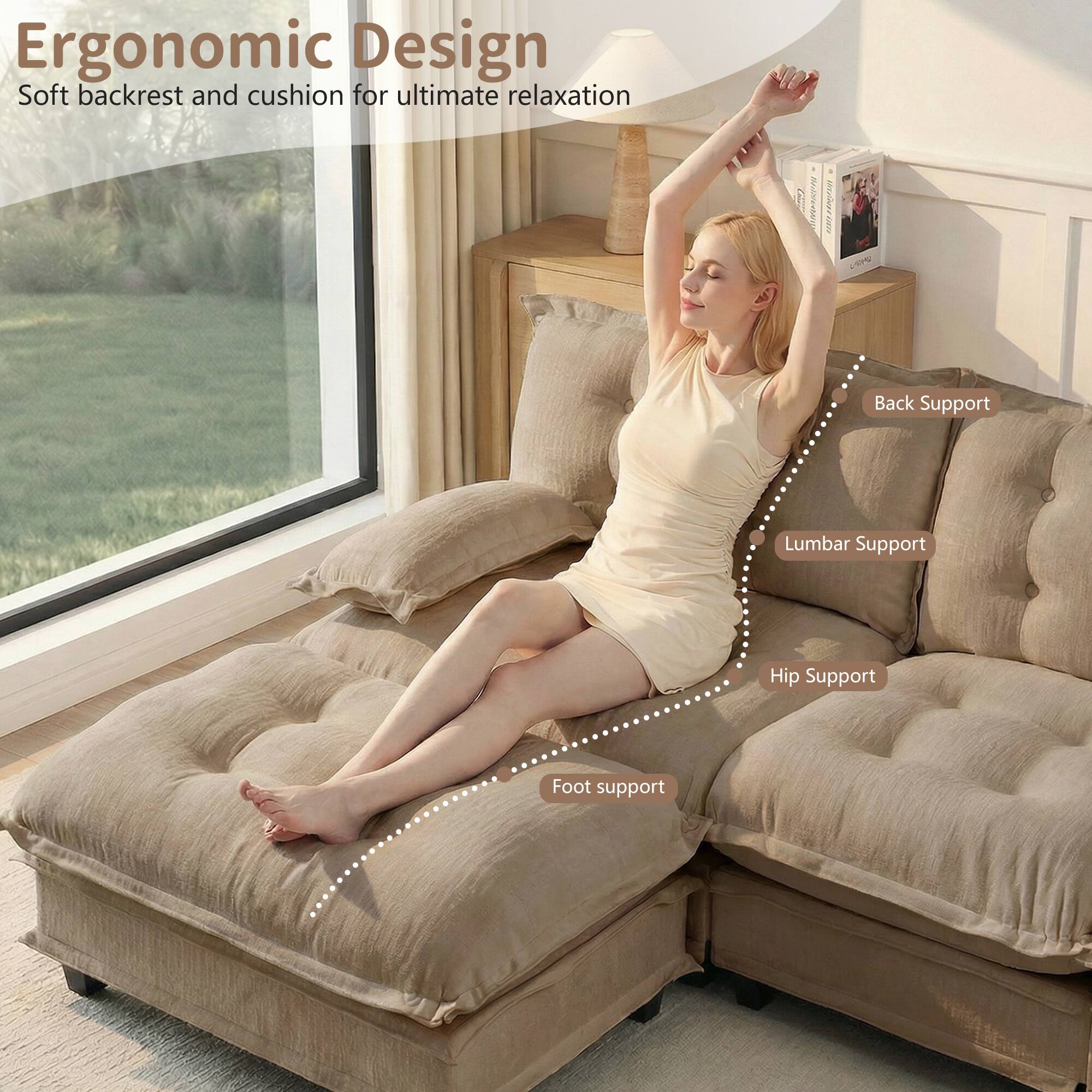 Ergonomic Design  
Soft backrest and cushion for ultimate relaxation  

- Back Support  
- Lumbar Support  
- Hip Support  
- Foot support