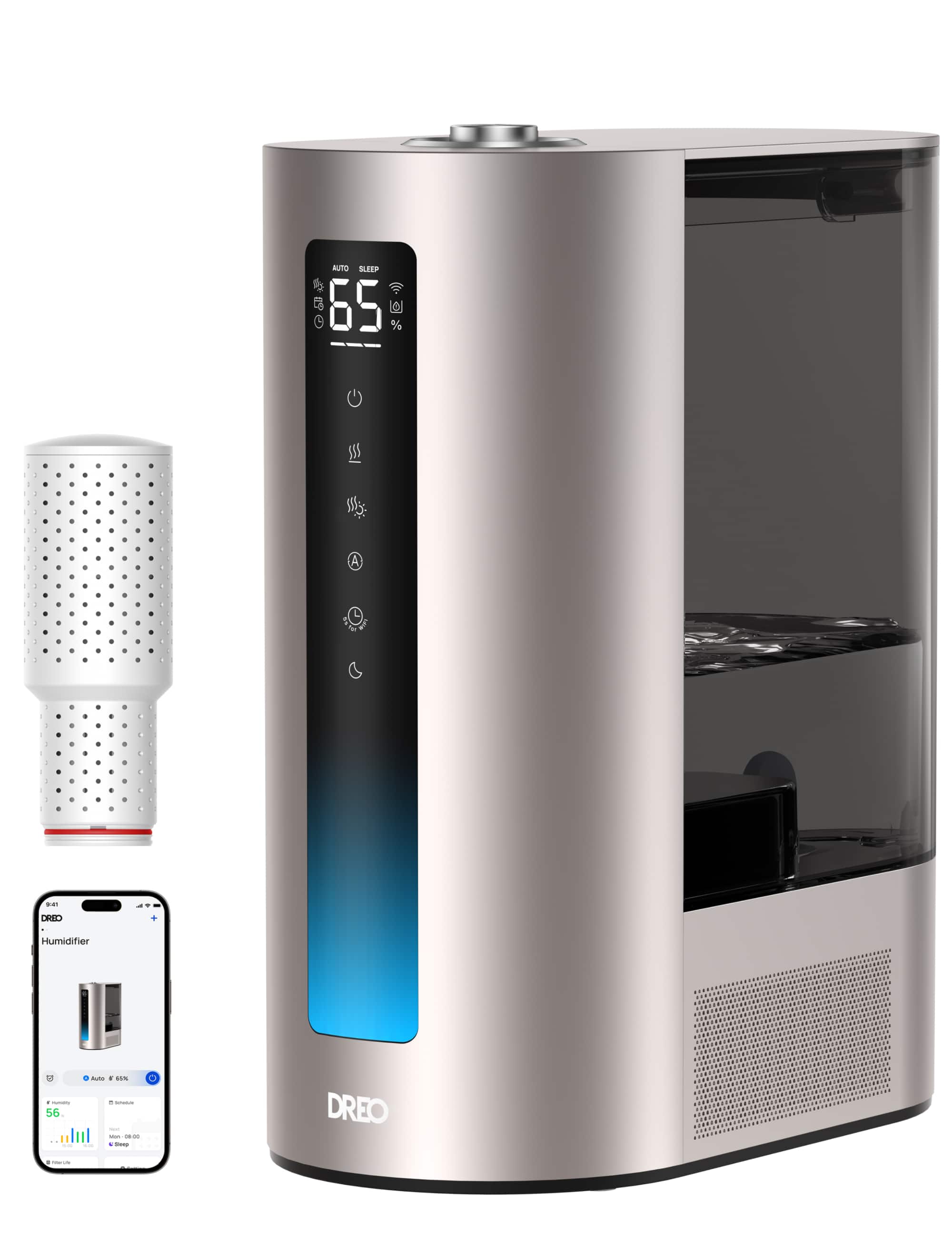 The image features a silver humidifier with a digital display showing the humidity level at 56%. The humidifier is accompanied by a small white device, possibly a smartphone, which is placed next to it. The scene appears to be a product display or an advertisement for the humidifier and its accompanying device.
