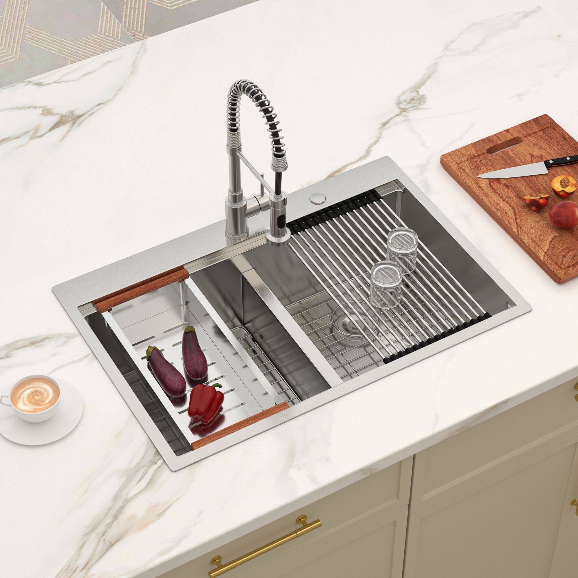 Back. Lordear - 36"x 22" x 10" Double Bowl (50/50)Topmount Drop in Kitchen Sink 16 Gauge with Two 10" Deep Basin - Stainless steel.