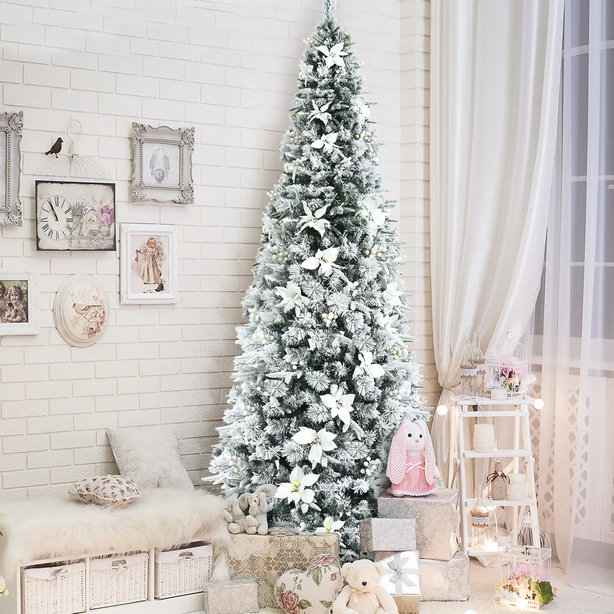 Alt View 2. Gymax - Gymax 8 FT Artificial Snow Flocked Pencil Christmas Tree w/ White Berries & Flowers - White.