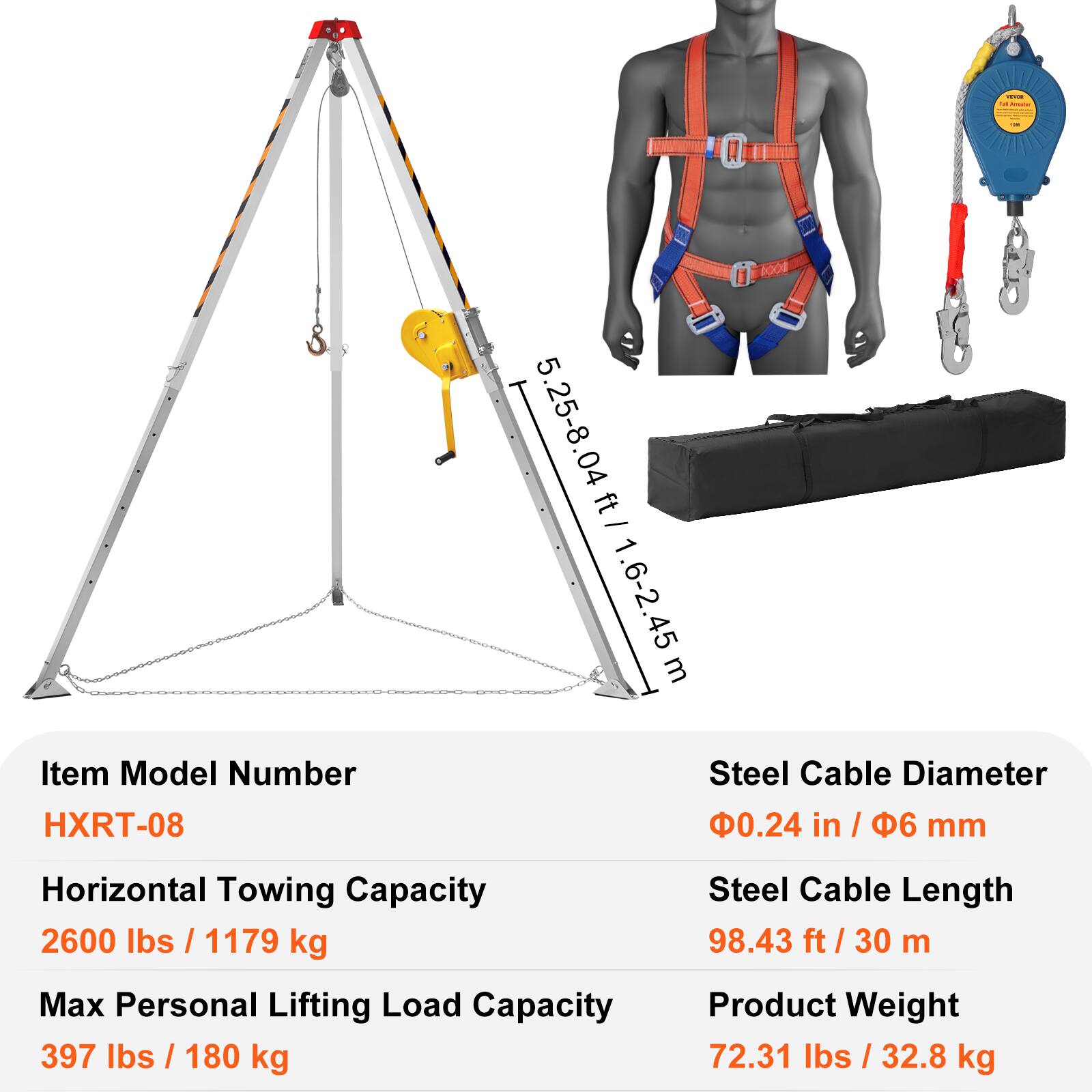 - 0001 5.25-8 .04 ft - 1 1.6-2.45 m
- Item Model Number: HXRT-08
- Steel Cable Diameter: 0.24 in / 6 mm
- Horizontal Towing Capacity: 2600 lbs / 1179 kg
- Max Personal Lifting Load Capacity: 397 lbs / 180 kg
- Steel Cable Length: 98.43 ft / 30 m
- Product Weight: 72.31 lbs / 32.8 kg
