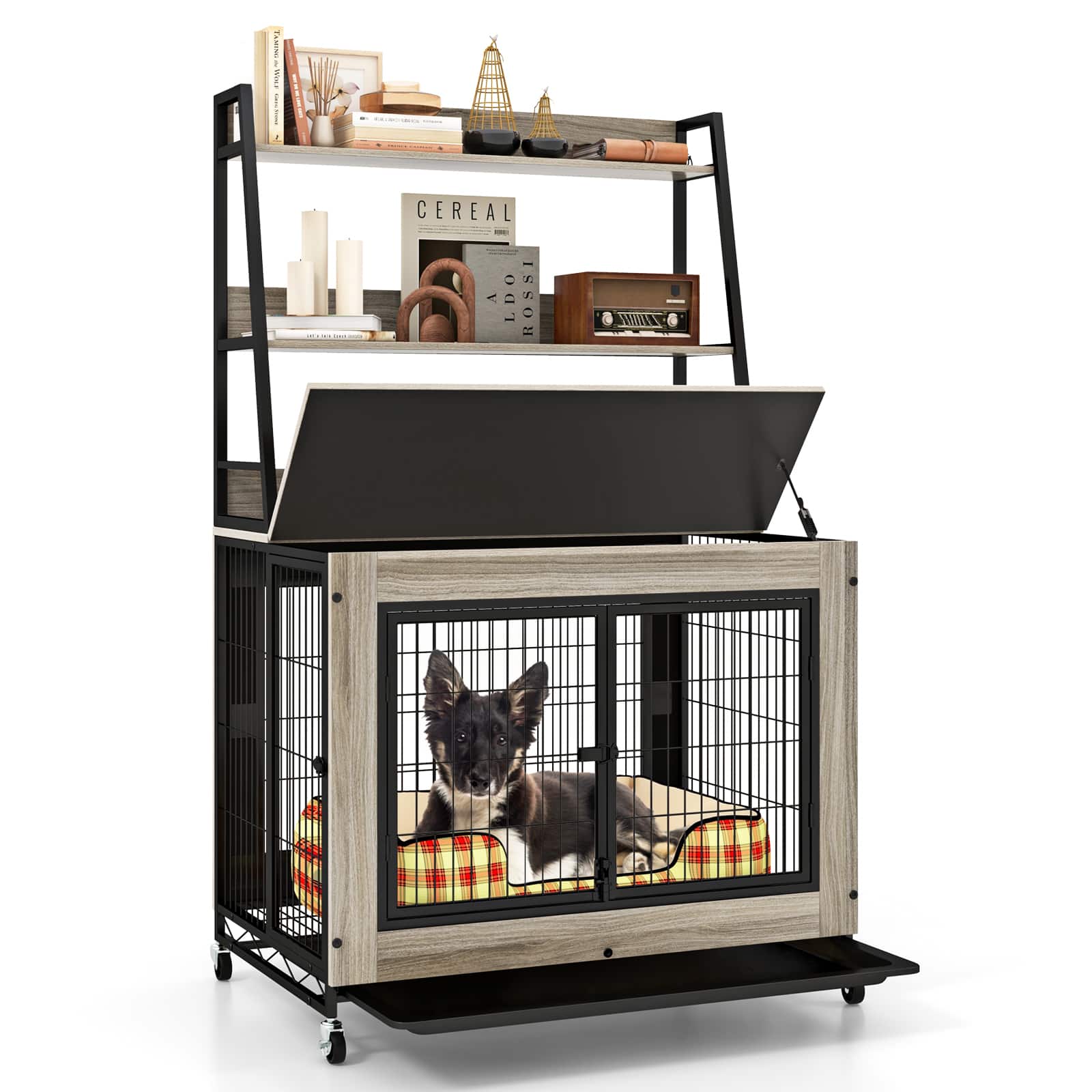 Gymax - Dog Crate Furniture w/ Storage Shelves Industrial Dog Kennel w/ Flip-up Top Gray
