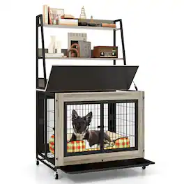 Gymax - Dog Crate Furniture w/ Storage Shelves Industrial Dog Kennel w/ Flip-up Top Gray