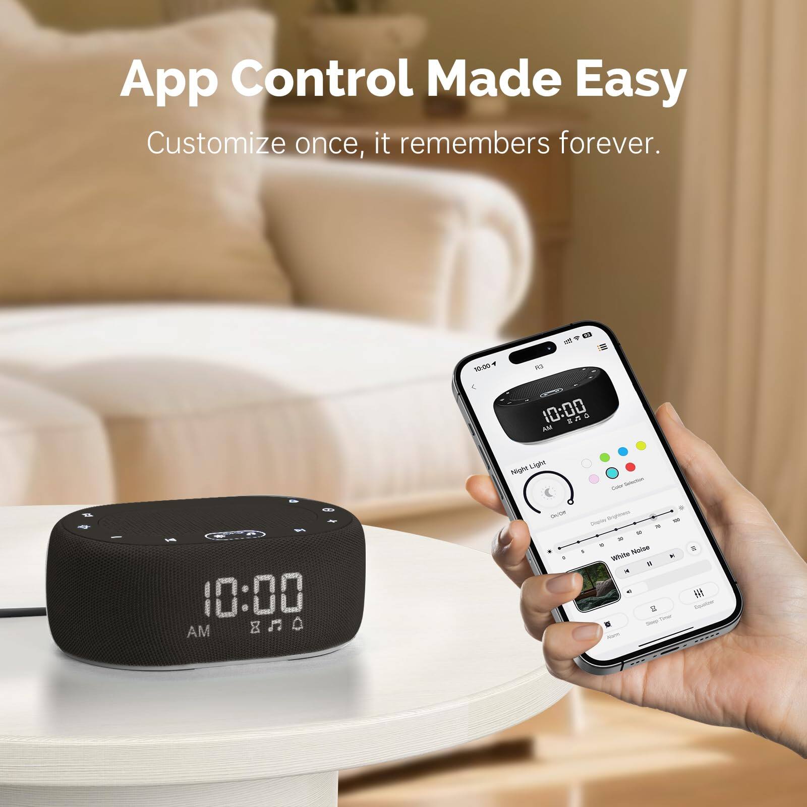 App Control Made Easy  
Customize once, it remembers forever.  

10:00 - 10:00  
S.A Night Light  
Calor - 10:00 AM  
870 3 0 na - - - - - .  
Maise Whie a i .