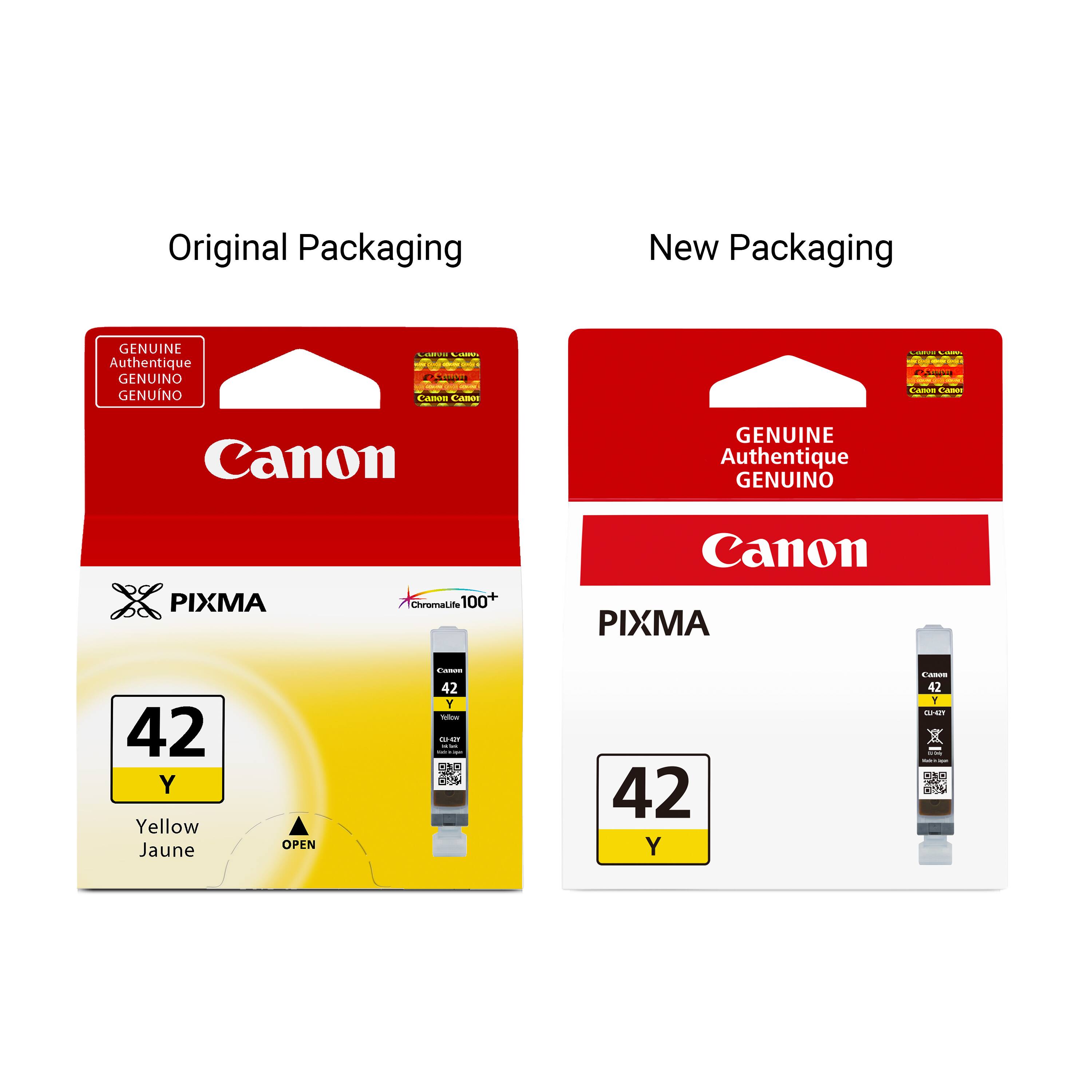 Original Packaging  
New Packaging  
GENUINE Authentique GENUINO GENUNO  
Calorie Cam  Canon CADOS  
Litalina LIGHT Cason CAINES  
Canon  
GENUINE Authentique GENUINO  
PIXMA  
Chromalife 100+  
Canon PIXMA  
42 Y Yellow Jaune  
OPEN  
Canon 42 Y You COMIT . in - -  
42 Y  
Cases 42 Y GJ-42Y on MART -