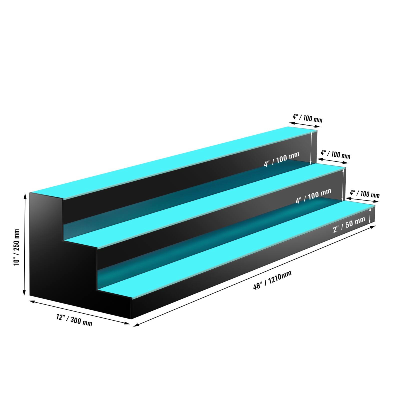 4" / 100 mm  
4" / 100 mm  
4" / 100 mm  
2" / 50 mm  
12" / 300 mm  
48" / 1210 mm  
11" / 250 mm