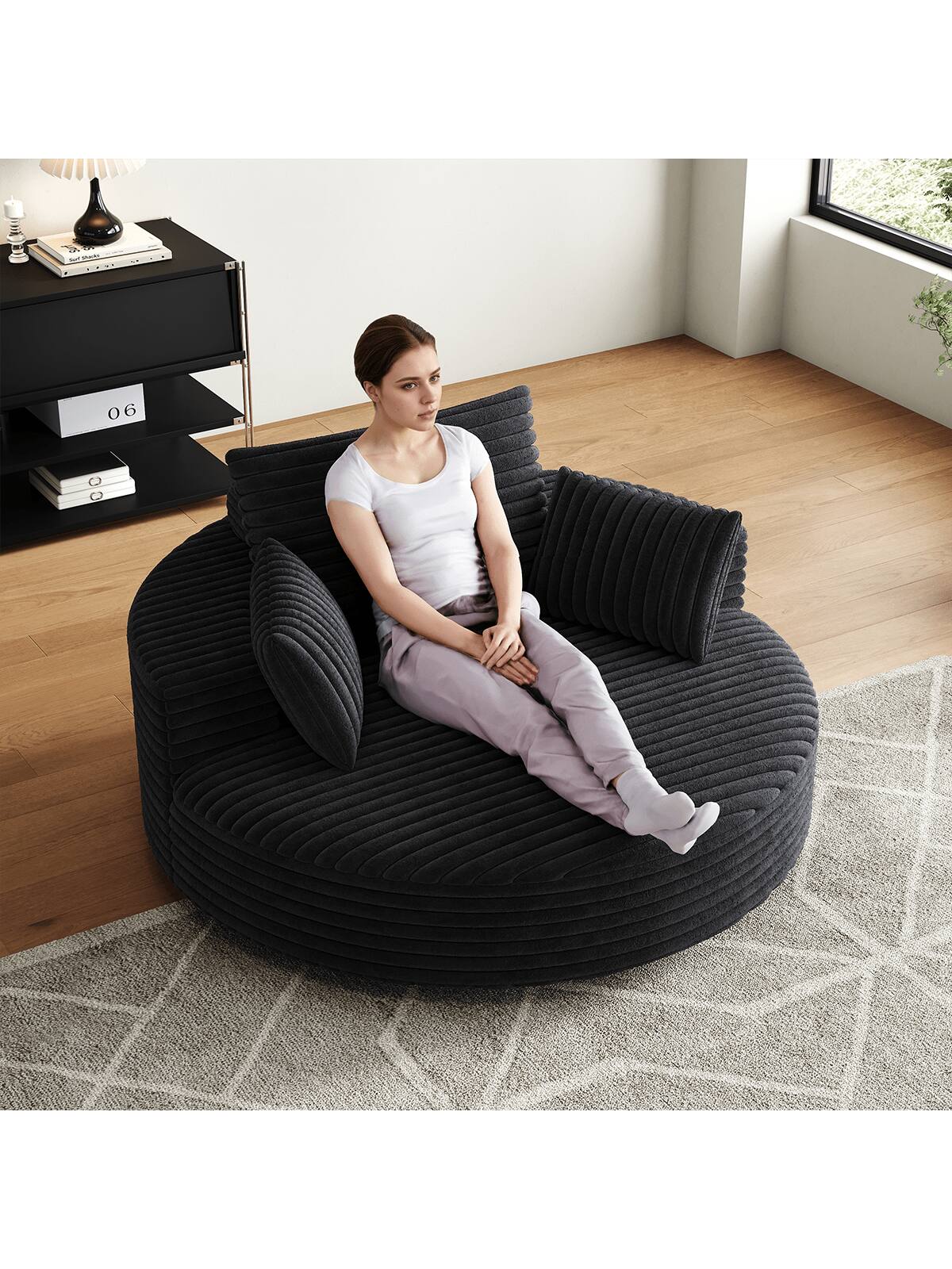 Left. Trinkets Crazed - 55" L Oversized Swivel Chair, Upholstered Corduroy Comfy Accent Chaise Lounge Sofa Chair - Black.