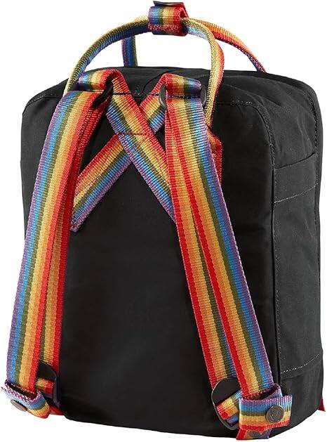 Angle. Fjallraven - Fjallraven Kanken Backpack Mini Backpack Black with Rainbow Straps - Black-Rainbow Pattern.
