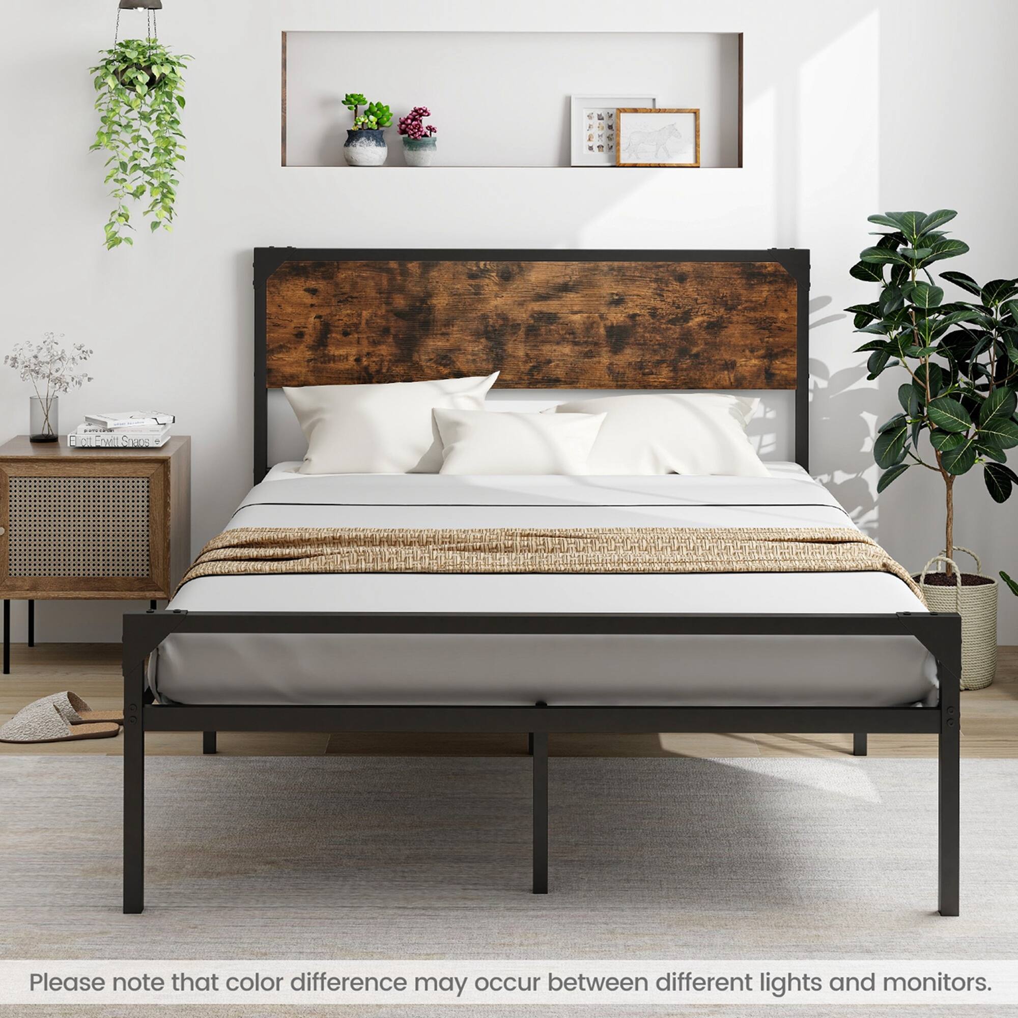 Alt View 3. Costway - Costway Platform Full Bed with Rustic Headboard & Footboard Strong Metal Slat Support - Rustic Brown,Black.