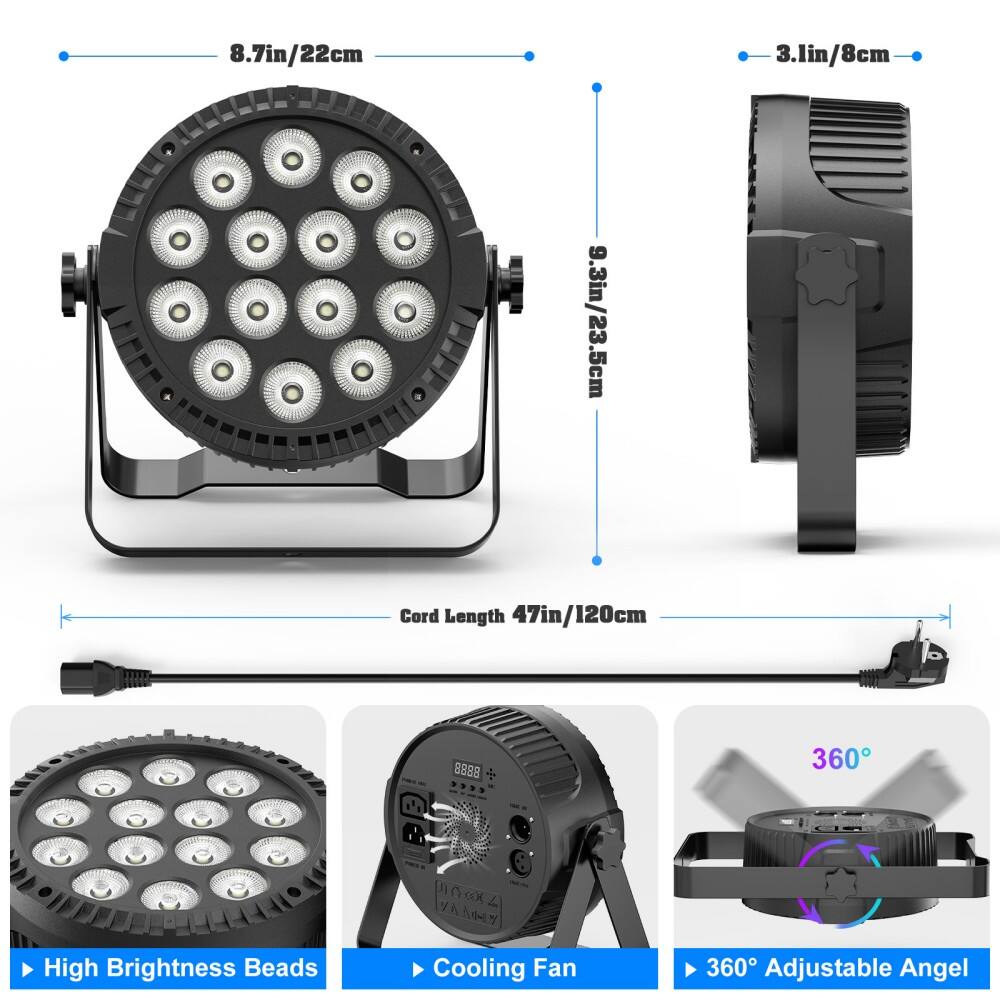 8.7in/22cm  
3.1in/8cm  
9.3in/23.5cm  
Cord Length 47in/120cm  

High Brightness Beads  
Cooling Fan  
360° Adjustable Angle