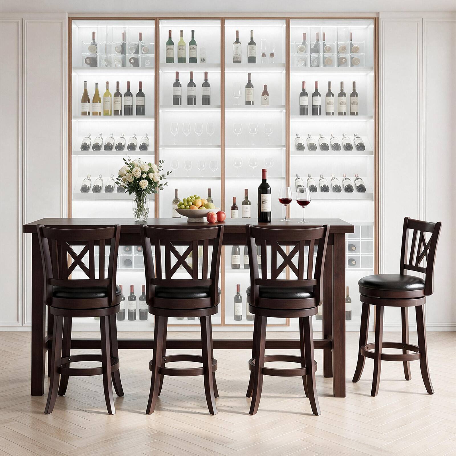 Alt View 4. Costway - Costway Set of 4 Bar Stools 26" Swivel Bar Chairs with Footrest, Hollowed Backrest - Brown 26".